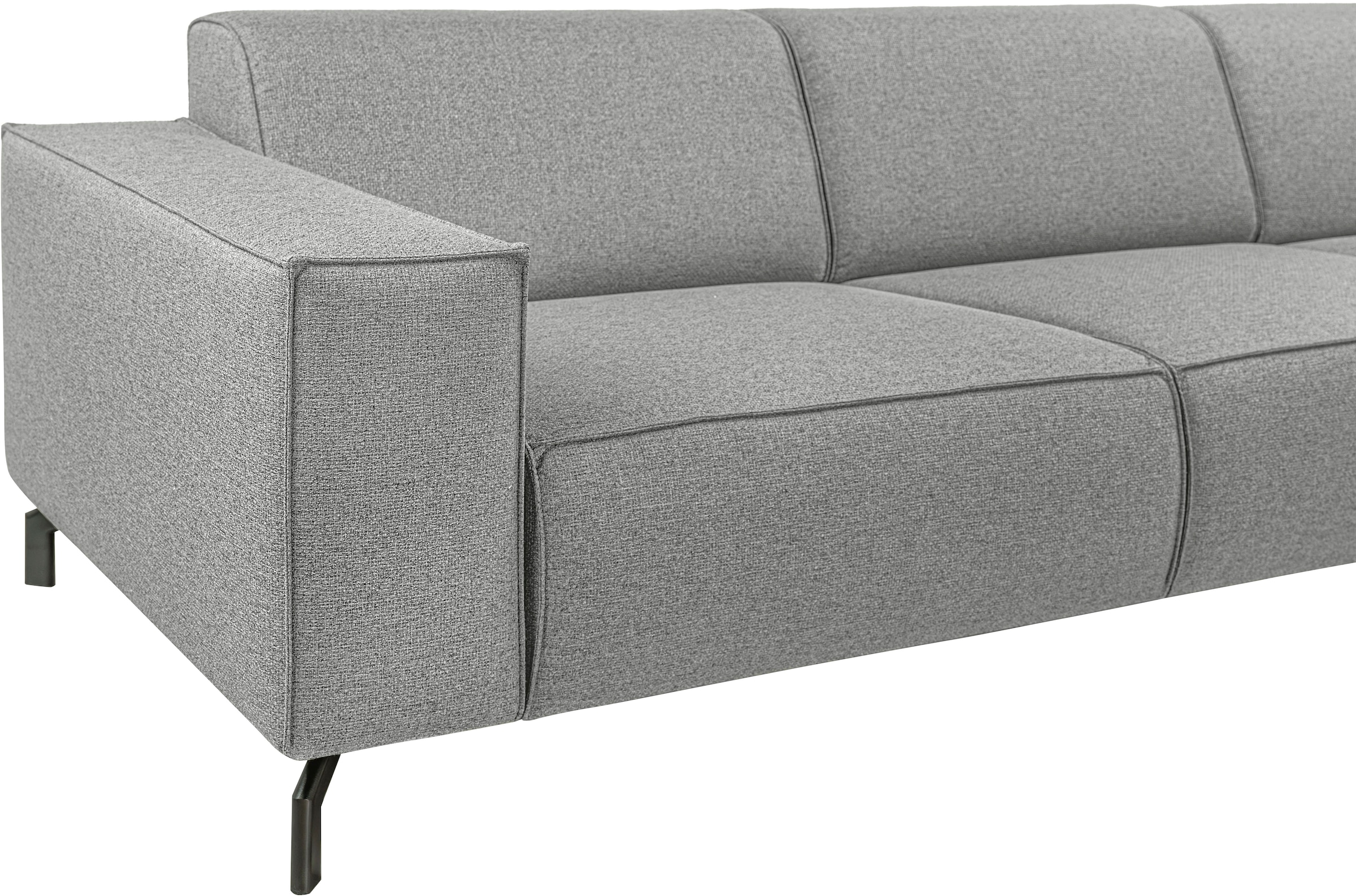 Places of Style Ecksofa »Lorcan, Breite 275 cm, weiches Sitzgefühl«, mit schwarzen Metallfüßen, Lederoptik und in weichem Strukturstoff