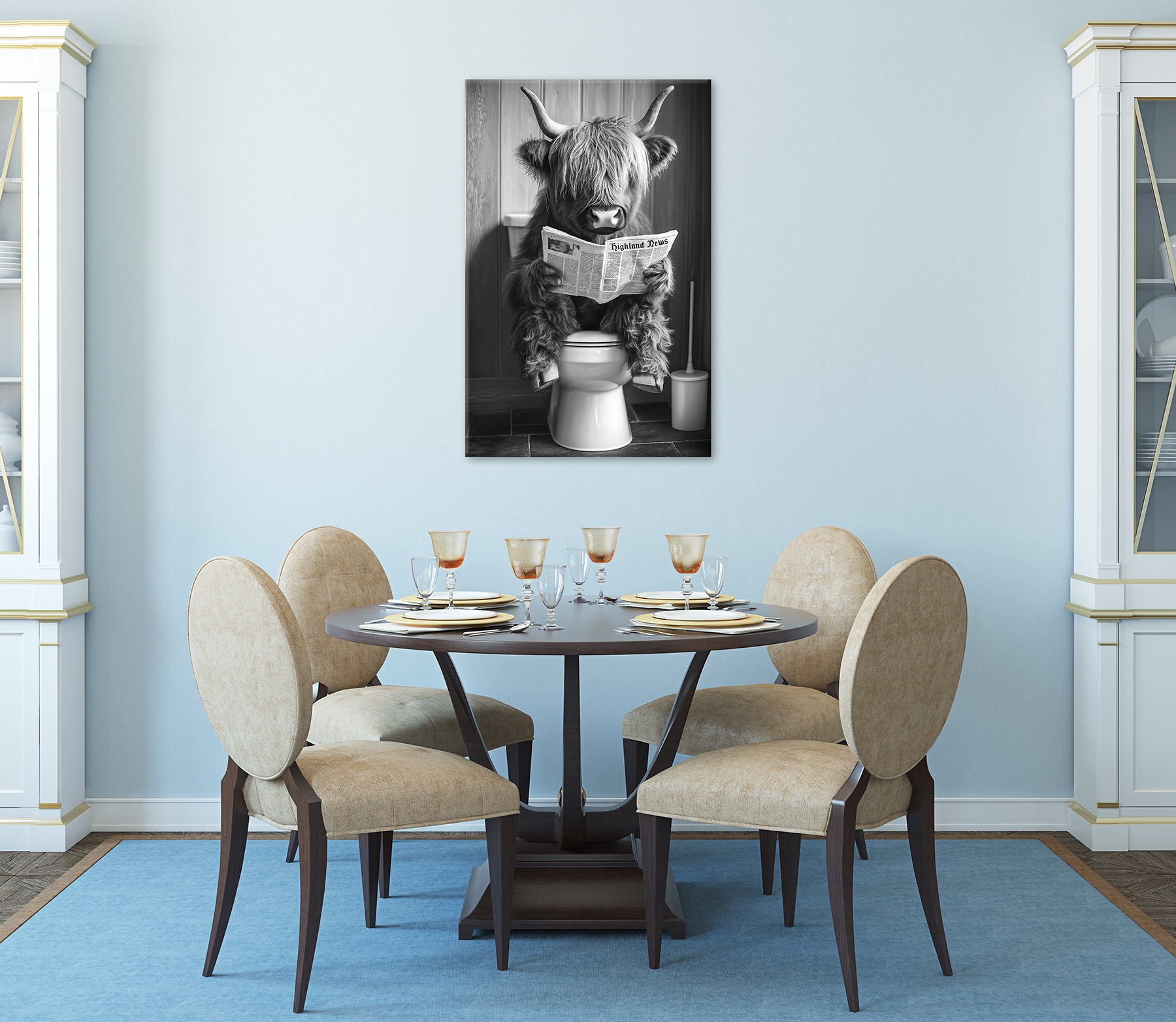 Bönninghoff Leinwandbild »Wandbild HIGHLAND NEWS S/W 60x90 cm – Leinwandbild Keilrahmen Deko« Hochlandrind | Humor | Kuh | Kuhbilder | Kühe | Schwarz-Weiß | Tiere 1 Stk. tlg. auf Keilrahmen gespannt