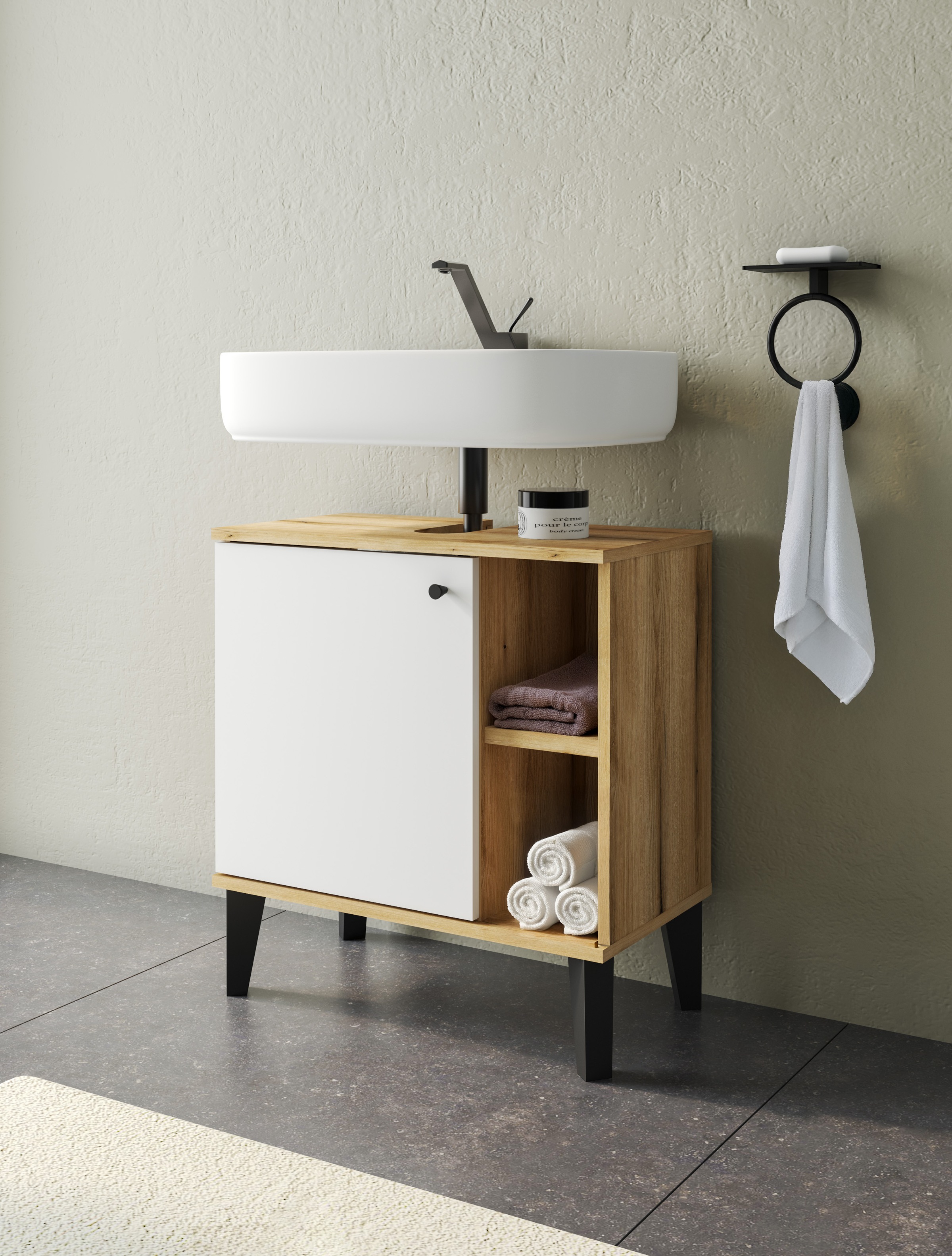 INOSIGN Waschbeckenunterschrank »Oslo, Waschtisch mit Knopfgriff, Badschrank im skandinavischen Design«, in der Türfarbe Weiß oder Grau verfügbar, ausreichend Stauraum
