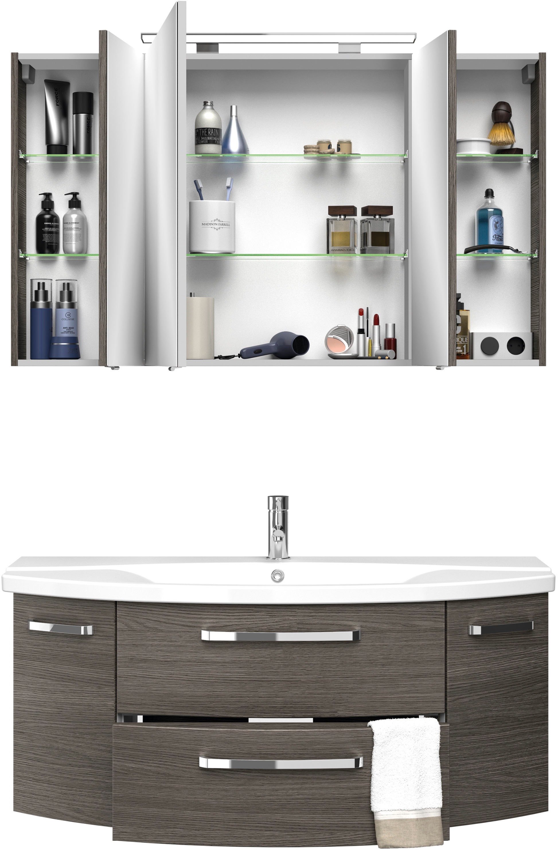 Saphir Badmöbel-Set »Serie 4010 2-teilig Keramik-Waschtisch mit LED-Spiegelschrank«, (Set), Badezimmer Set 120,5 cm breit, inkl. Türdämpfer, 5 Türen, 2 Schubladen