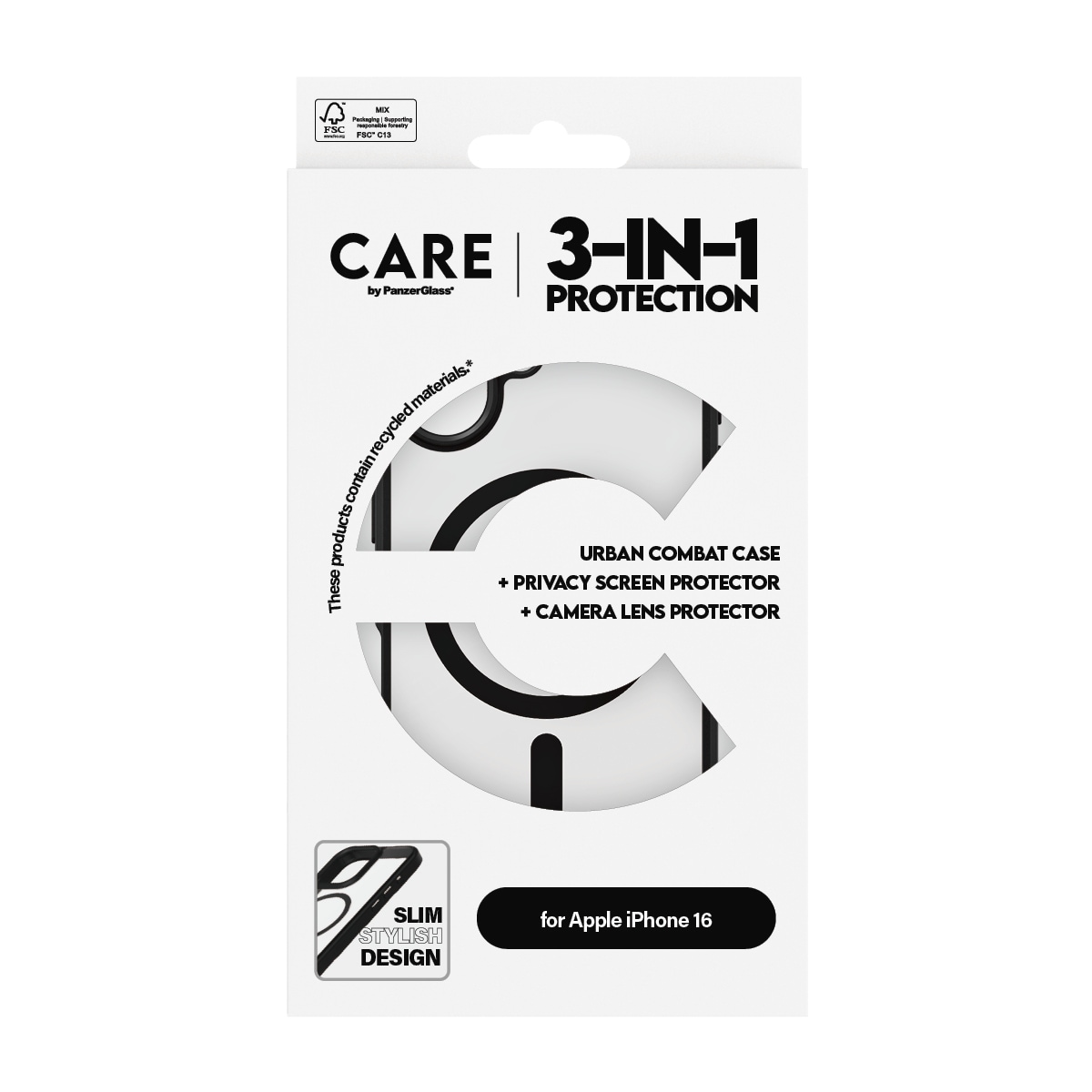 CARE by PanzerGlass Displayschutzglas »3-in-1 Protection, Privacy Glass, Case, Lens Cover«, für Apple iPhone 16, Displayschutzfolie, Schutzfolie, Bildschirmschutz, kratz- & stoßfest