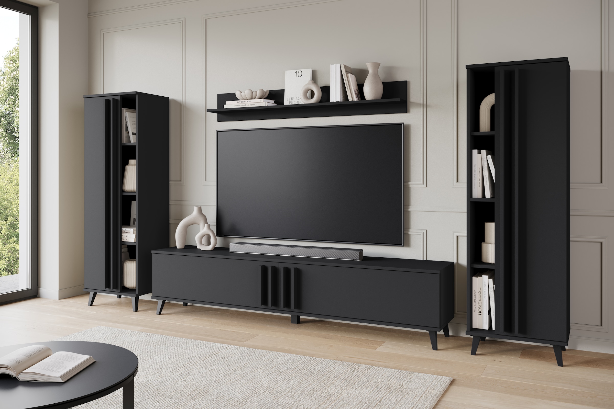 INOSIGN Wohnwand »Helsinki, Modernes Möbelset«, (Komplett-Set, 4 St.), mit lamellengriffen, verstellbaren Einlegeböden und Kunststofffüßen