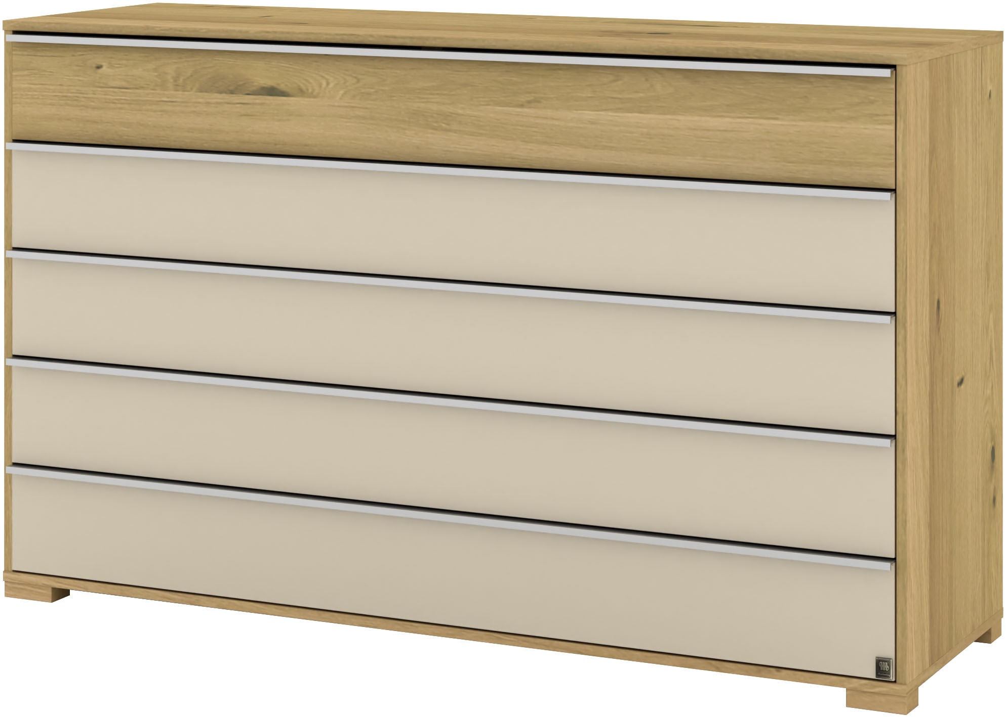 Musterring Schubkastenkommode »Savona Sideboard, Wäscheschrank, mit Schubladen, teilmassiv, 141 cm«, (Bianco-Eiche, mit Glas, mit Selbsteinzug und Dämpfung, MADE IN GERMANY), Fronten in Bianco-Eiche massiv und Glas Champagner, B141 x H 86cm
