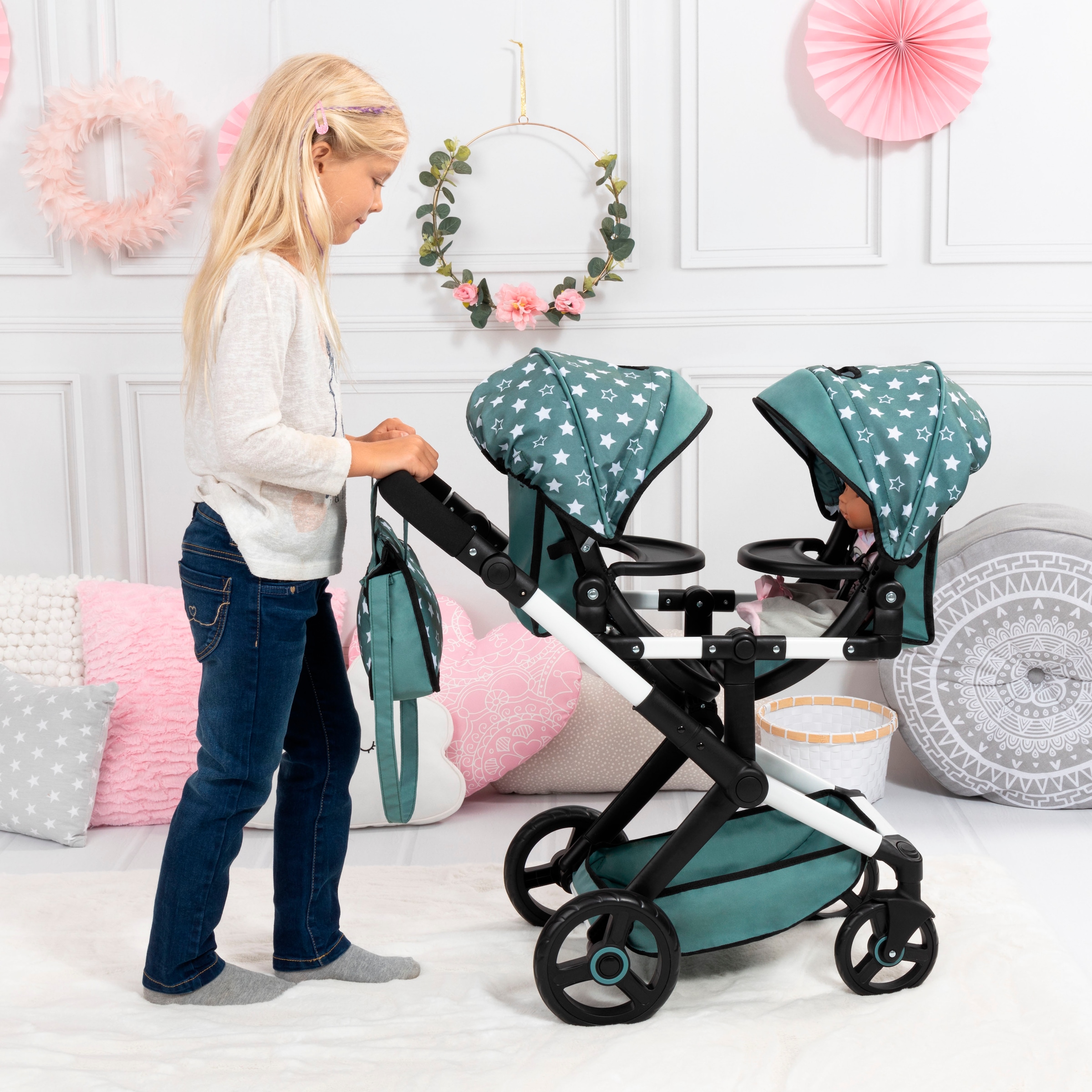 Bayer Puppen-Zwillingsbuggy »Xeo Twin grün«, mit Wickeltasche