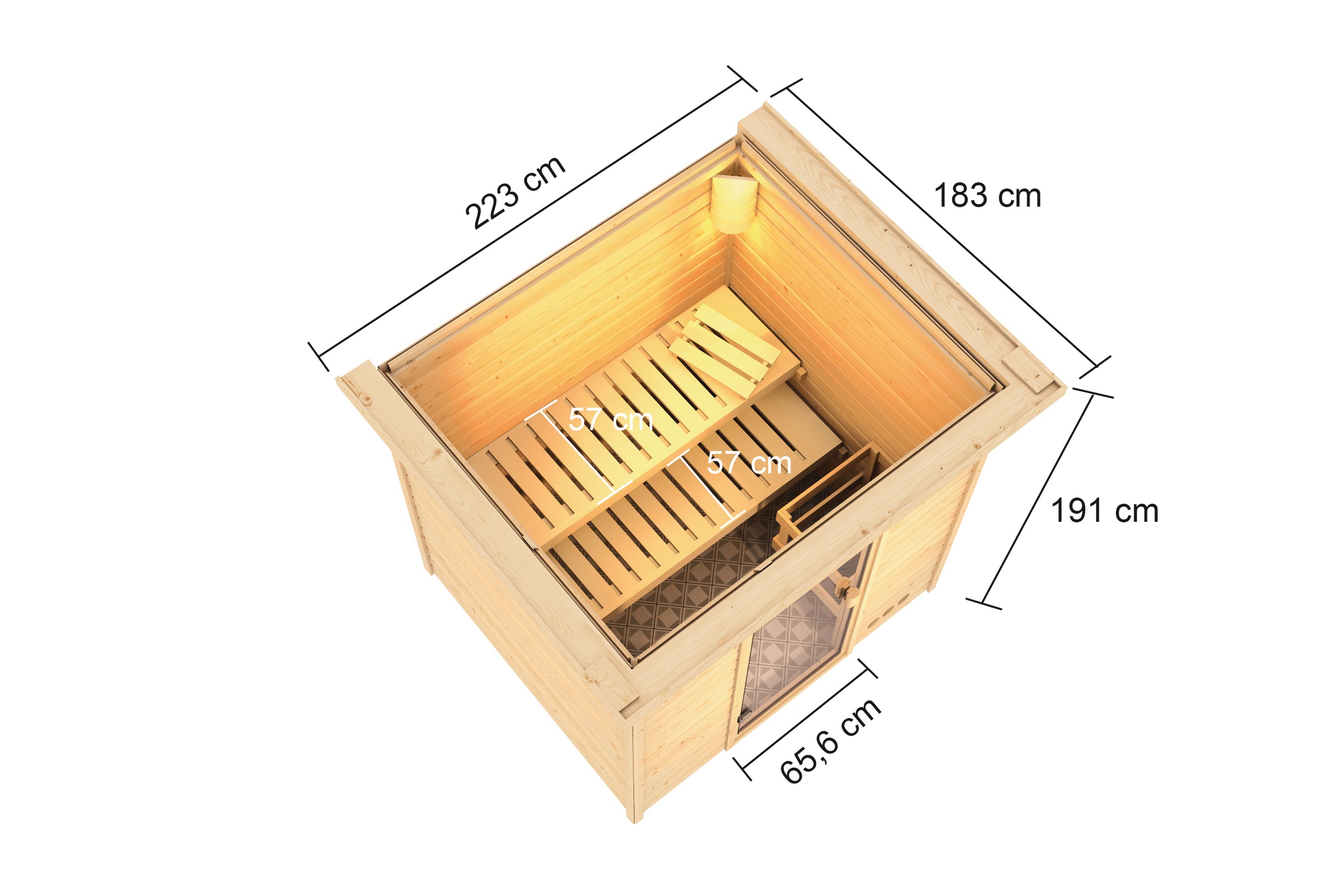 Karibu Sauna »"Ricky" mit bronzierter Tür und Kranz, naturbelassen« aus hochwertiger nordischer Fichte. 9 kW Ofen und integr. Steuerung