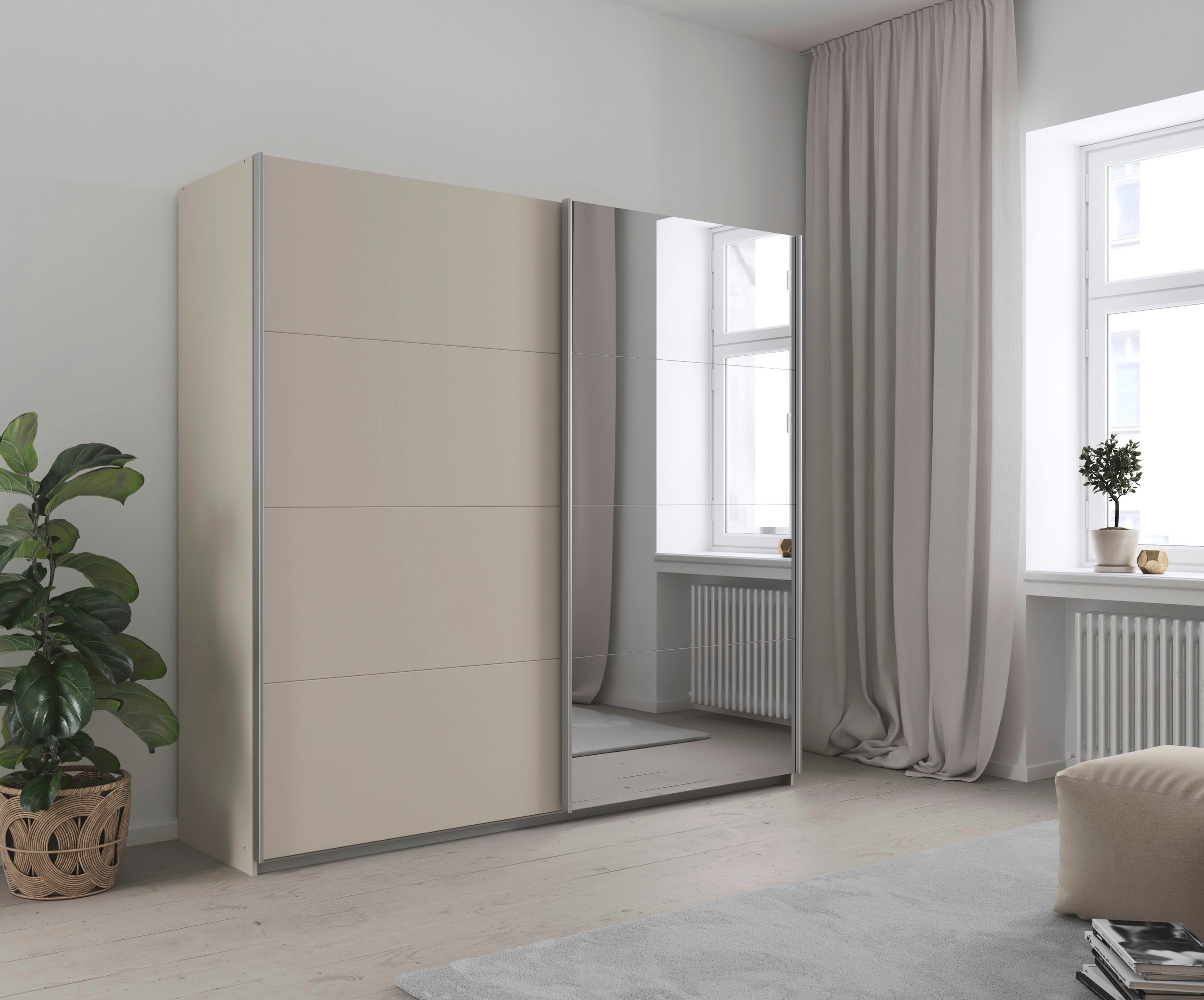 INOSIGN BY RAUCH Schwebetürenschrank »Kleiderschrank Schrank Garderobe Schlafzimmerschrank THANOS«, (in 3 verschiedenen Ausstattungen BASIC/CLASSIC/PREMIUM), Optional mit Spiegel, Metall-Griffleisten alufarben MADE IN GERMANY
