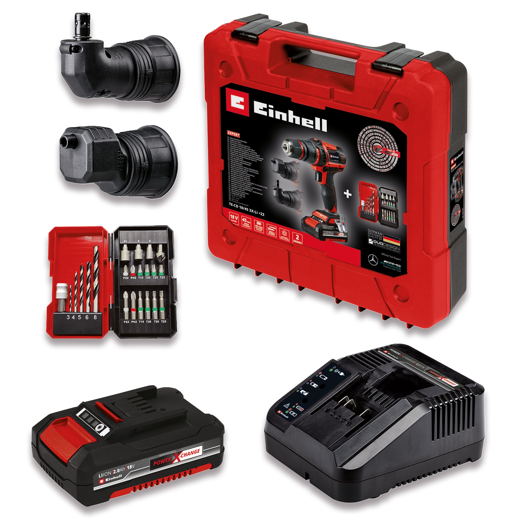 Einhell Akku-Bohrschrauber »TE-CD 18/45 3X-Li +22«, Power X-Change, inkl. Akku 18V/2,0Ah, Ladegerät, Zubehör, Koffer