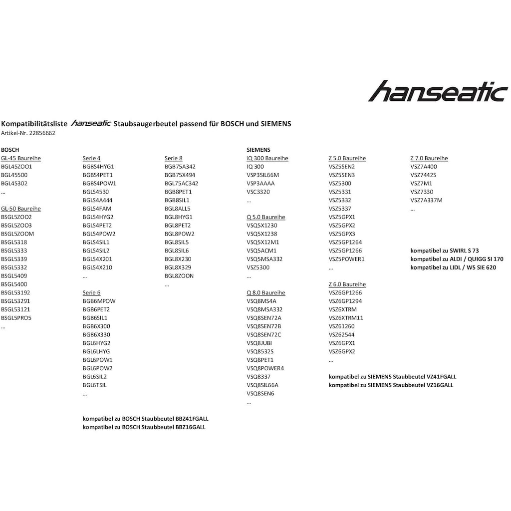 Hanseatic Staubsaugerbeutel, (Packung), 10er- Pack