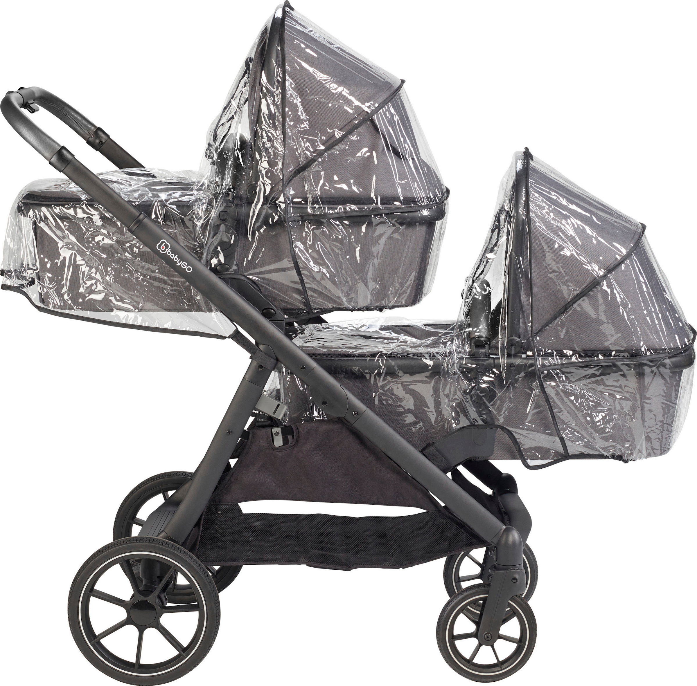 BabyGo Zwillings-Kombikinderwagen »Duo Ultra Set, grau«, inkl. 2 Babyschalen, 2 Isofix Base, Wickeltasche u. 2 Regenhauben