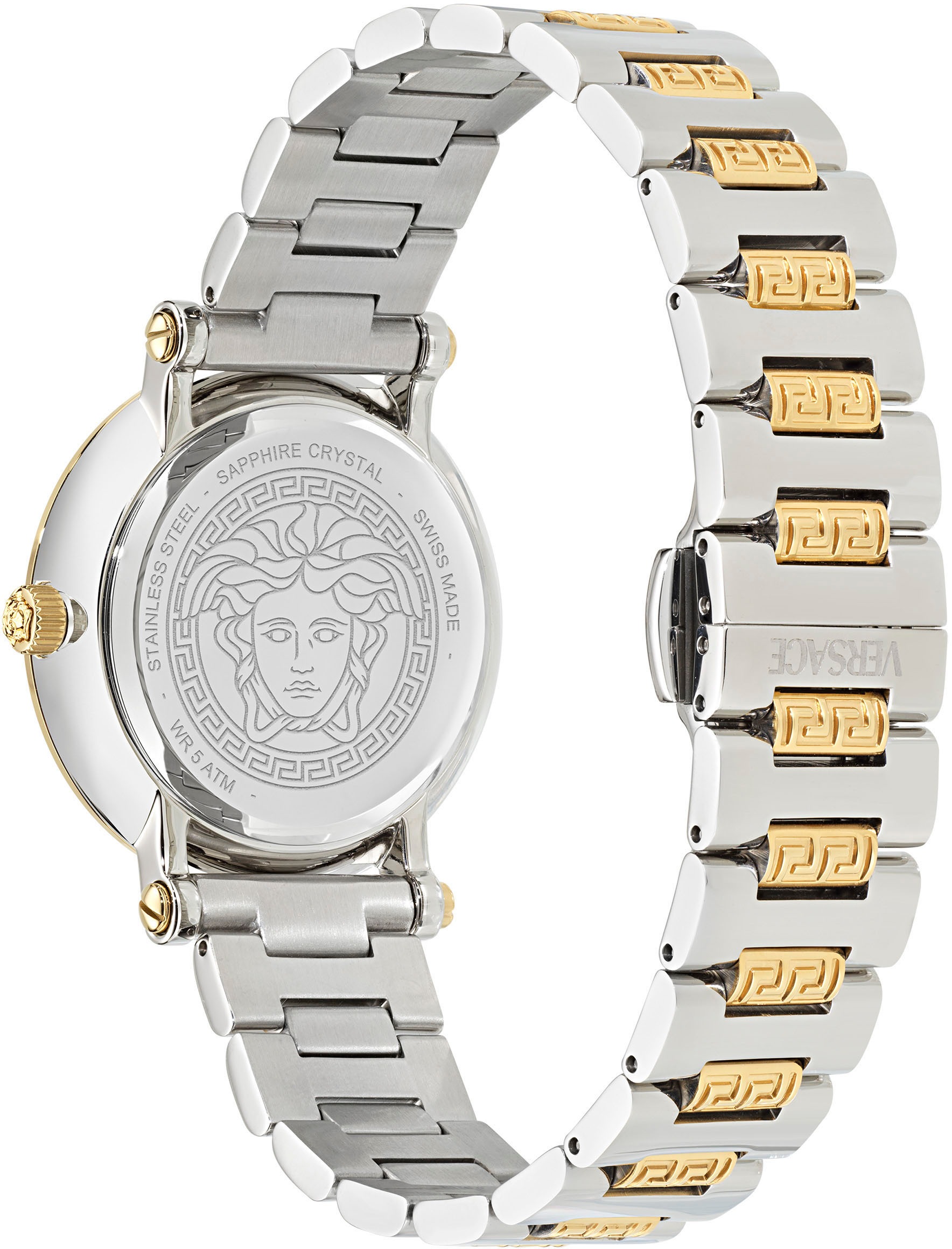 Versace Quarzuhr »GRECA SPHERE«, Armbanduhr, Damenuhr, Swiss Made, Saphirglas, Edelstahlarmband, analog