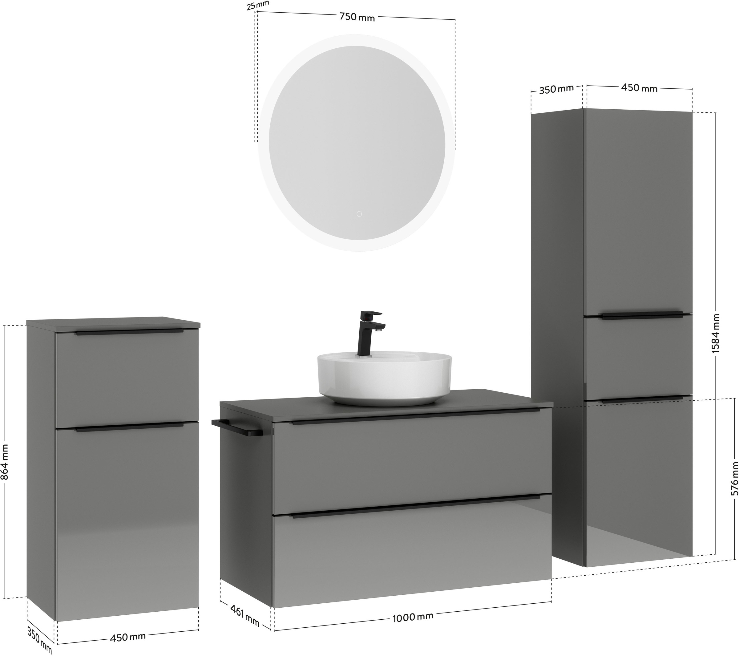 nobilia® Badmöbel-Set »Alvene«, (4 St., vormontiert, mit Soft-Close), Hochglanz, inkl. Spiegel mit Touch-Sensor, in vier Breiten