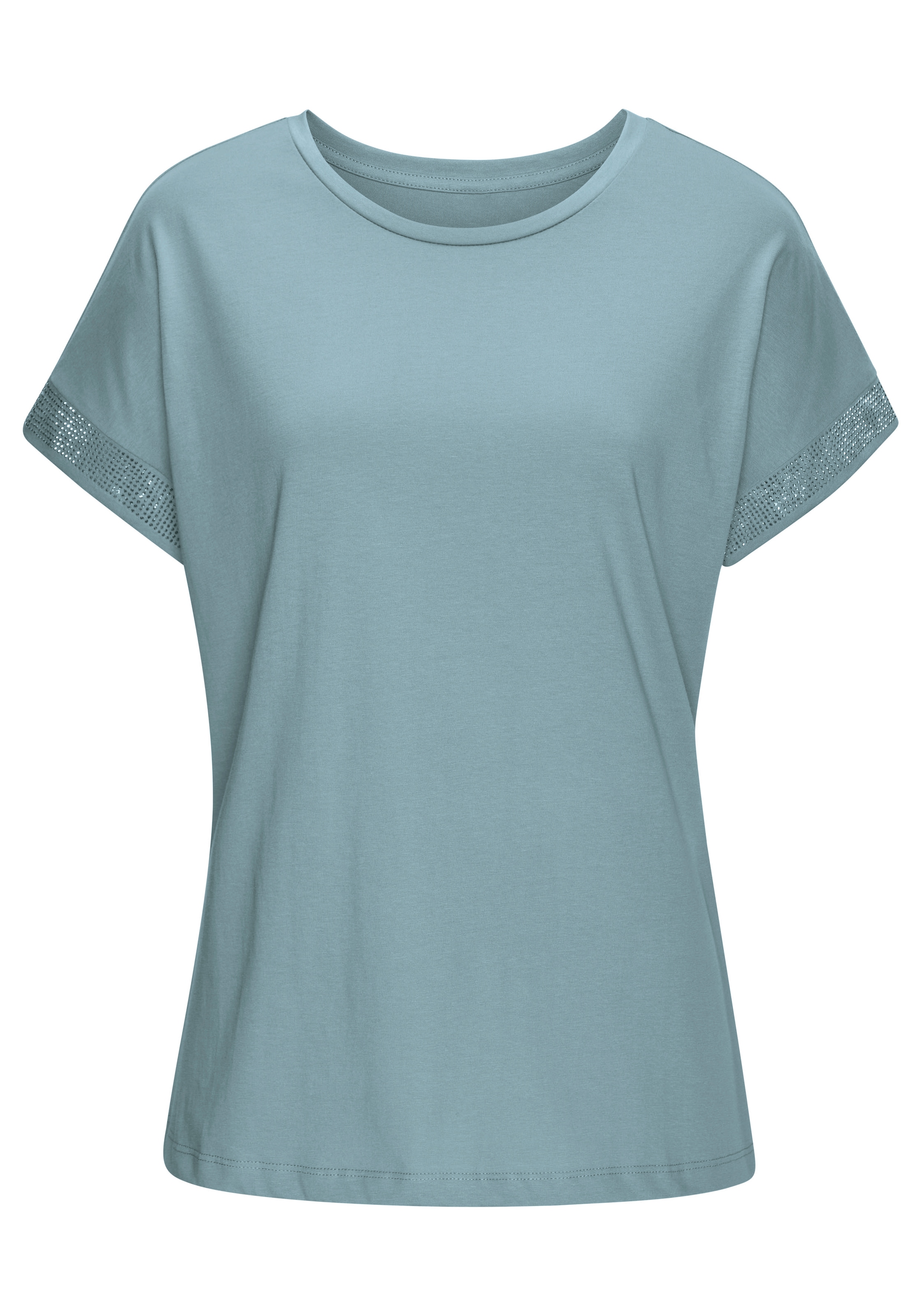 LASCANA Kurzarmshirt »mit glitzernem Strass-Design am Arm«, aus weicher Baumwoll-Qualität