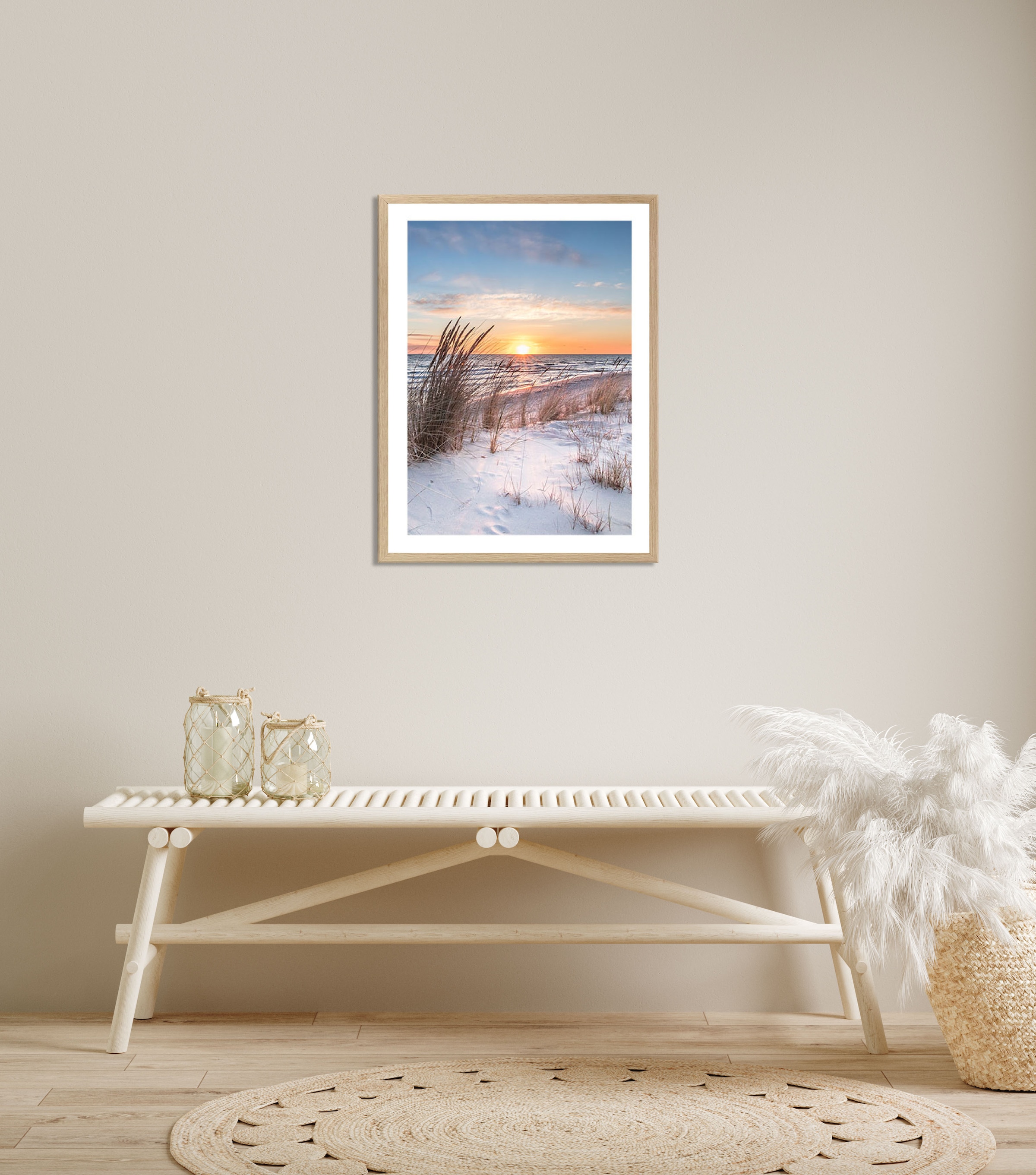 Bönninghoff Bild mit Rahmen, Strand-Düne-Gräser-Meer-Küste-Landschaft-Sonnenaufgang & -untergang-Natur, (1 St.)