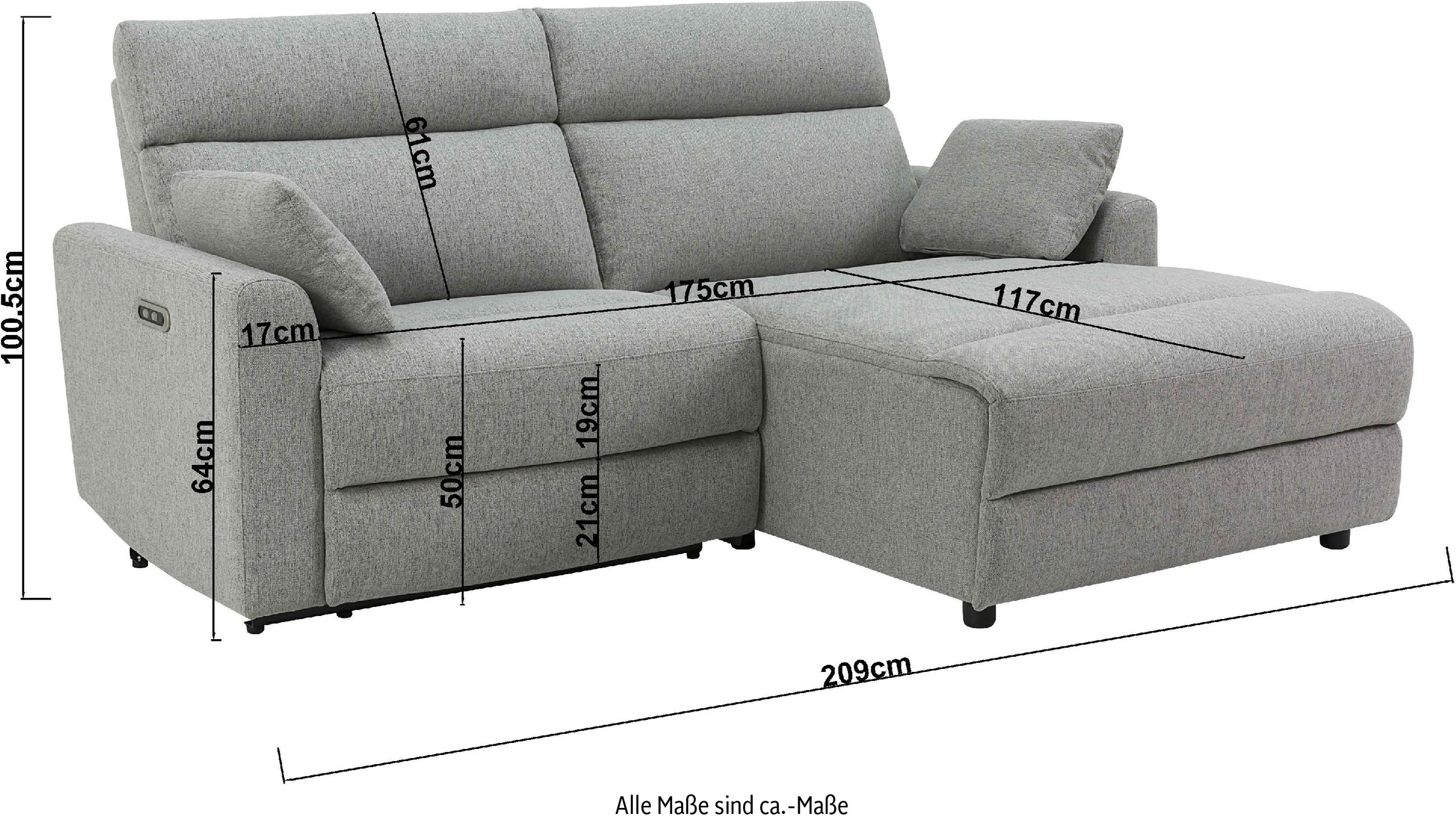 INOSIGN Ecksofa »JENNA, L-Form, 209cm, manuelle u. elektrische Funktion, mit USB A/C,«, Liegefunktion 105°-150°, Federkern, Struktur fein