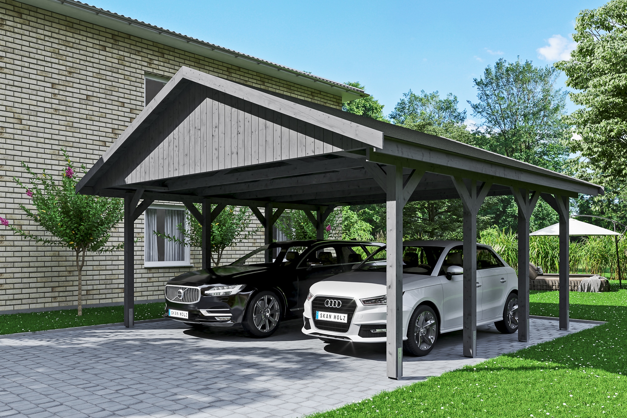 Skanholz Doppelcarport »Wallgau«, Nadelholz, 530 cm, Schiefergrau, mit schwarzen Dachschindeln