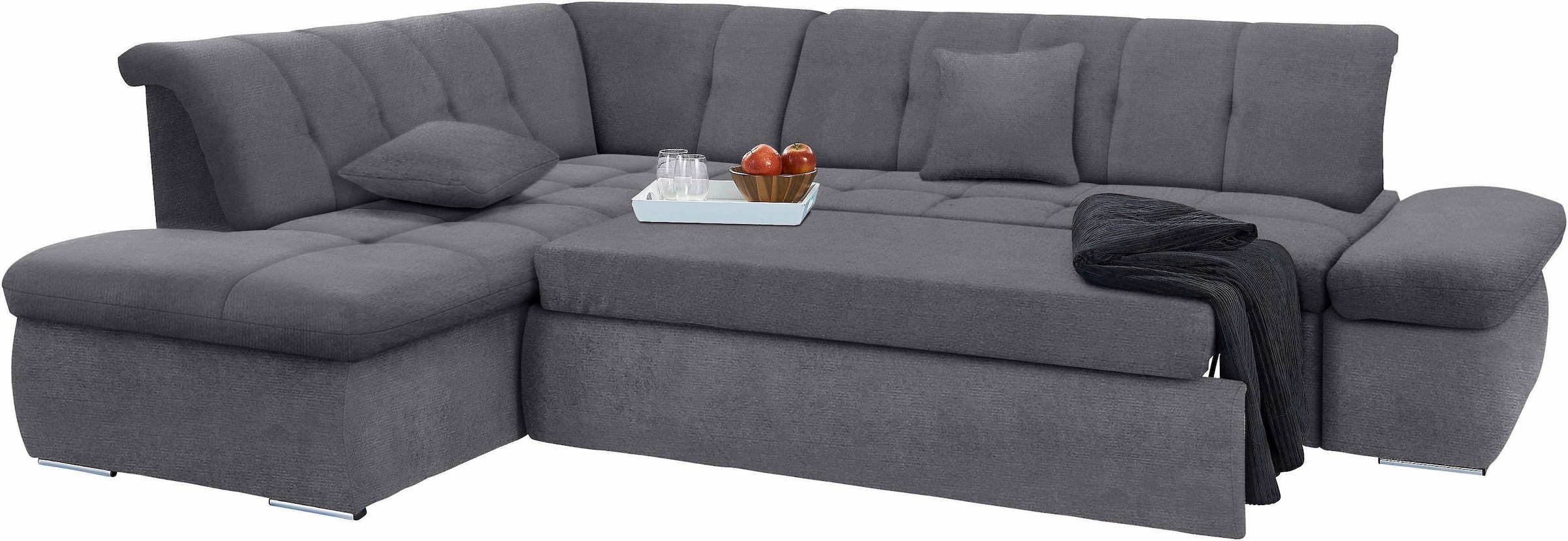 DOMO collection Ecksofa »NMoric incl. Zierkissen B/T/H: 273/216/80 cm L-Form«, Ottomanen-Abschluss, wahlweise mit Bettfunktion und Armlehnverstellung