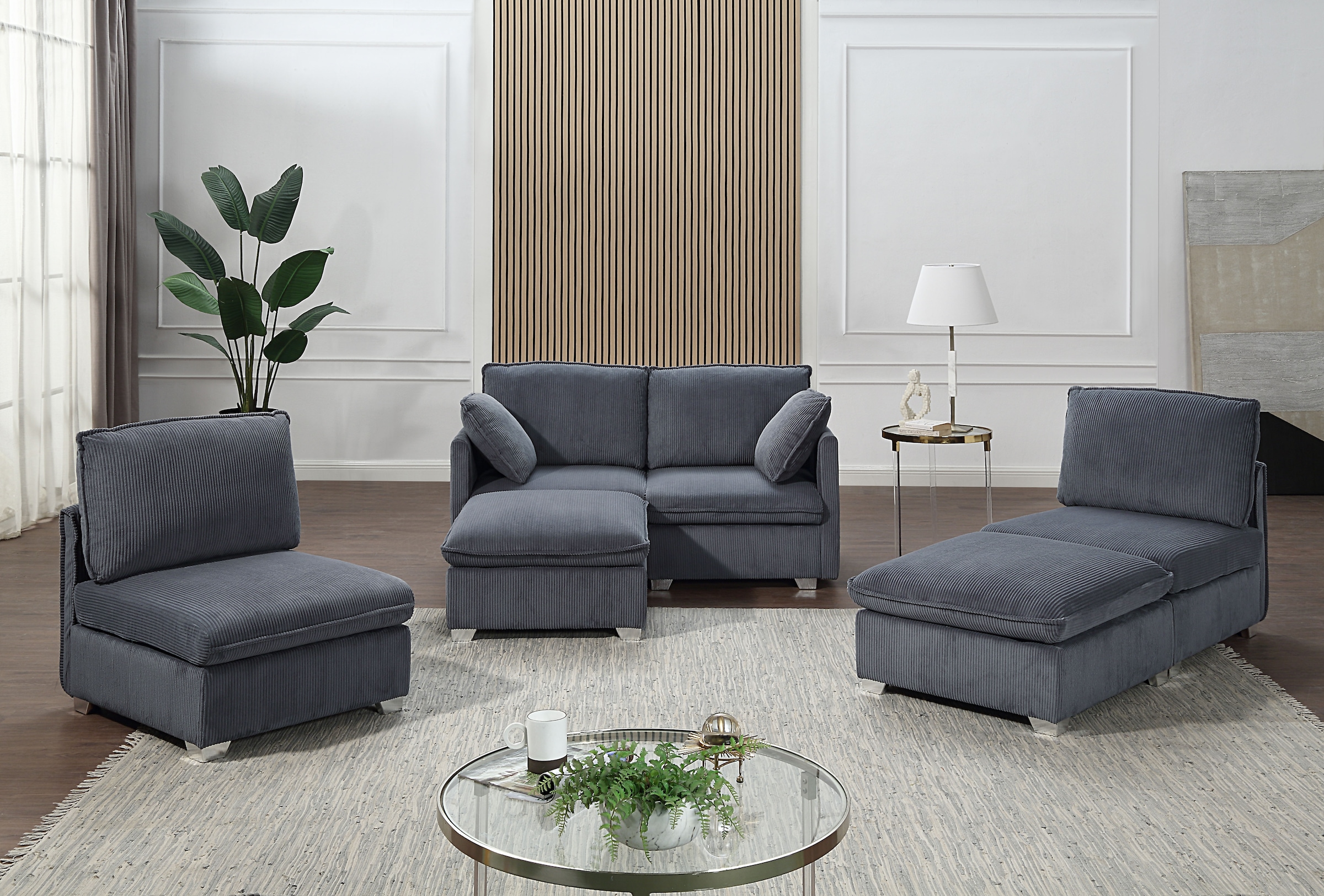 ATLANTIC home collection Wohnlandschaft, modularer 4-Sitzer mit 2 Hockern, weicher Cordbezug