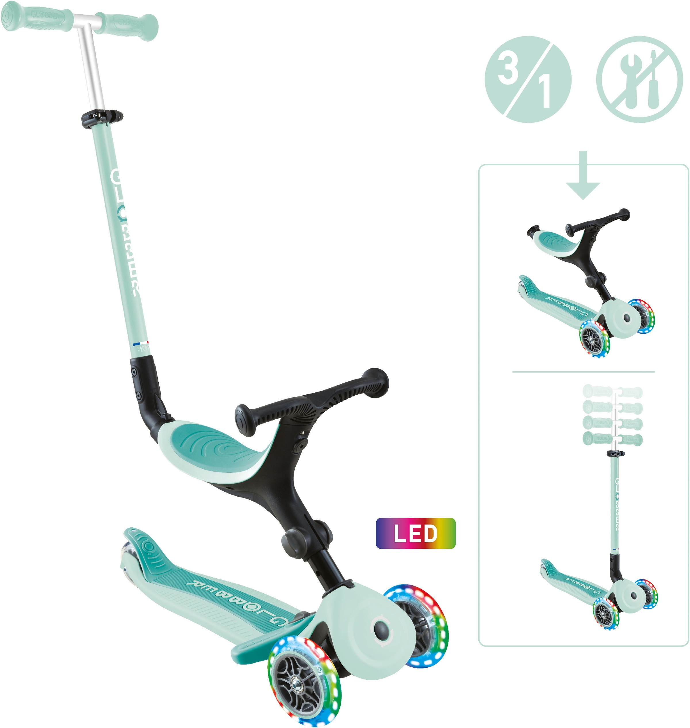 Globber Tretroller »GO-UP ACTIVE LIGHTS mit Leuchtrollen« Dreirad, Laufrad und Scooter