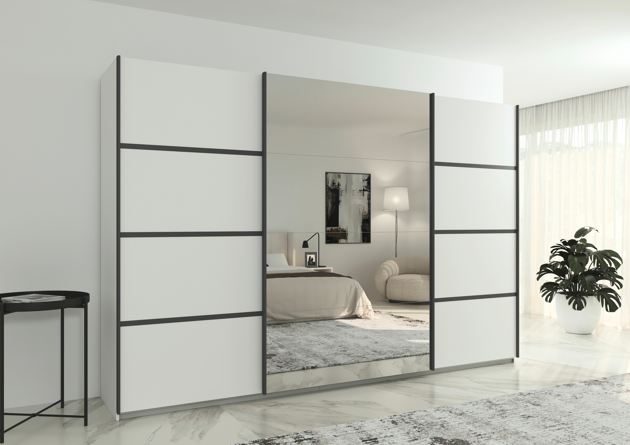 rauch Kleiderschrank »Schwebetürenschrank Garderobe Schrank TOP ANGEBOT Avola«, (in 3 verschiedenen Ausstattungen BASIC/CLASSIC/PREMIUM inkl. Spiegel), mit eleganten Zierleisten in Chrom, Schwarz oder Weiß MADE IN GERMANY