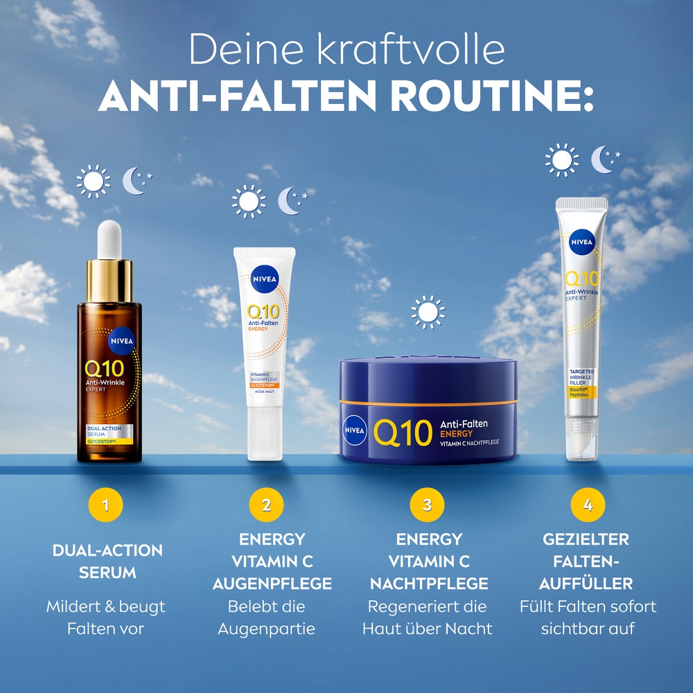 Nivea Nachtcreme »Q10 Anti-Falten Energy Nachtpflege« wirkt gezielt gegen Stress-Anzeichen (Linien, fahler Teint)