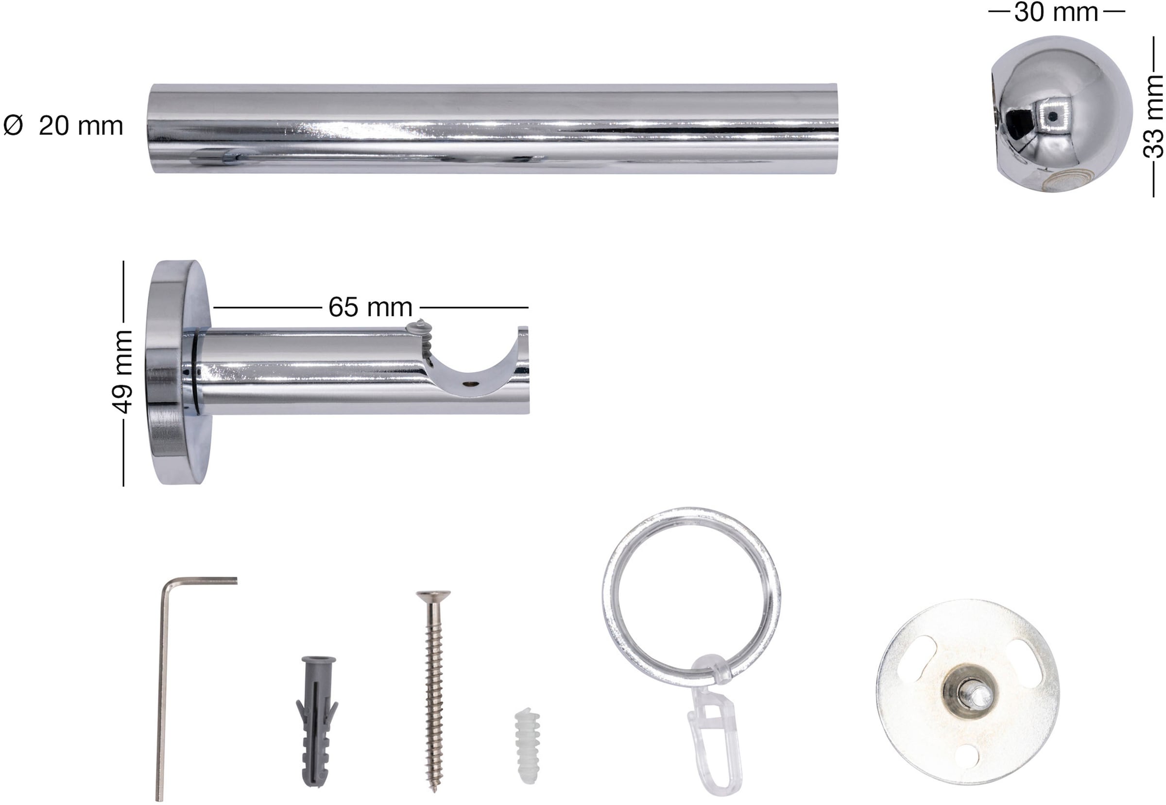 mydeco Gardinenstange »20mm Ball Wandträger 6,5 cm«, 1 läufig-läufig, Fixmaß