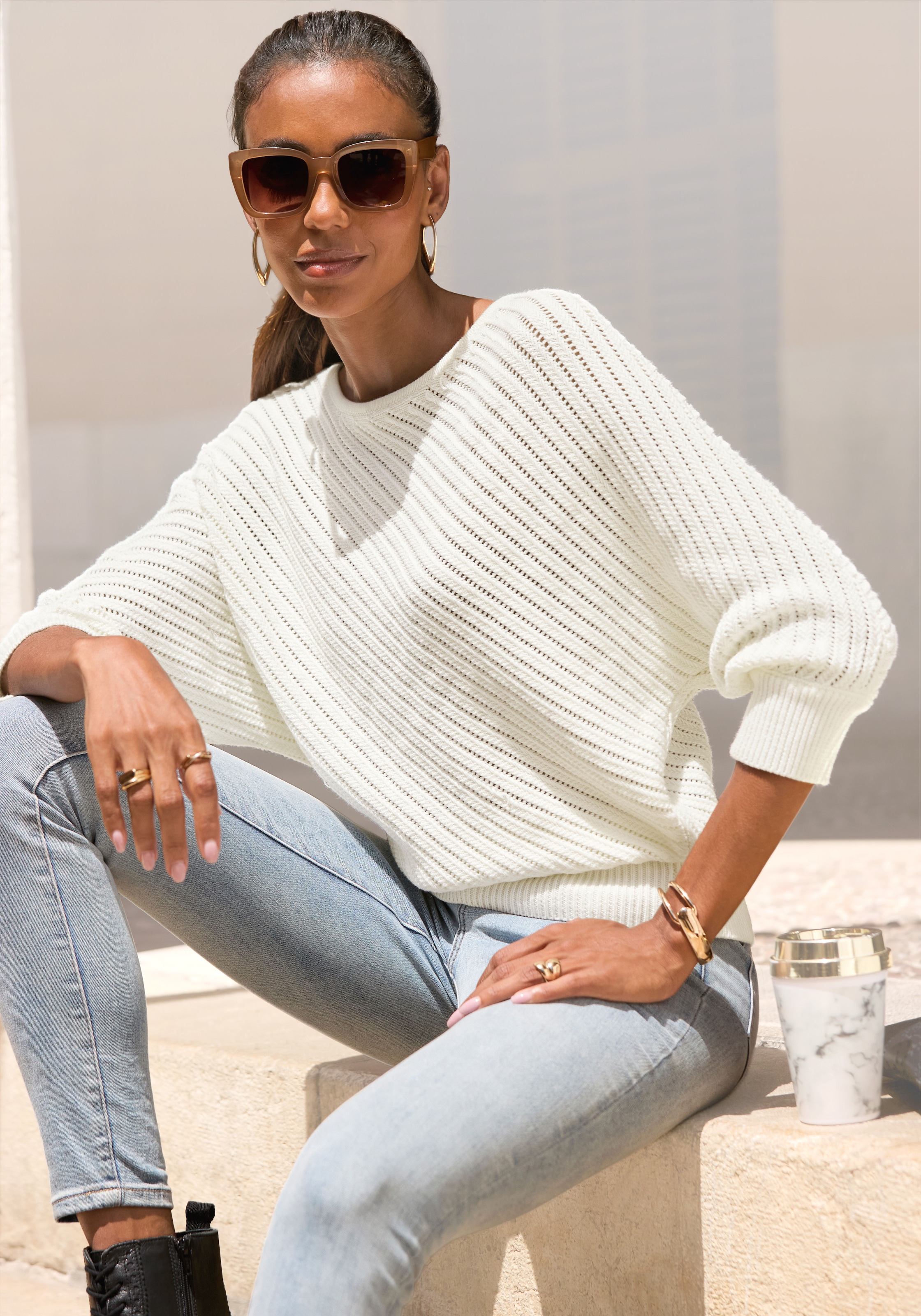 LASCANA 3/4 Arm-Pullover »mit diagonalem Strickmuster« Eleganter Fledermauspullover, weicher Strickpullover, bequem, Basic