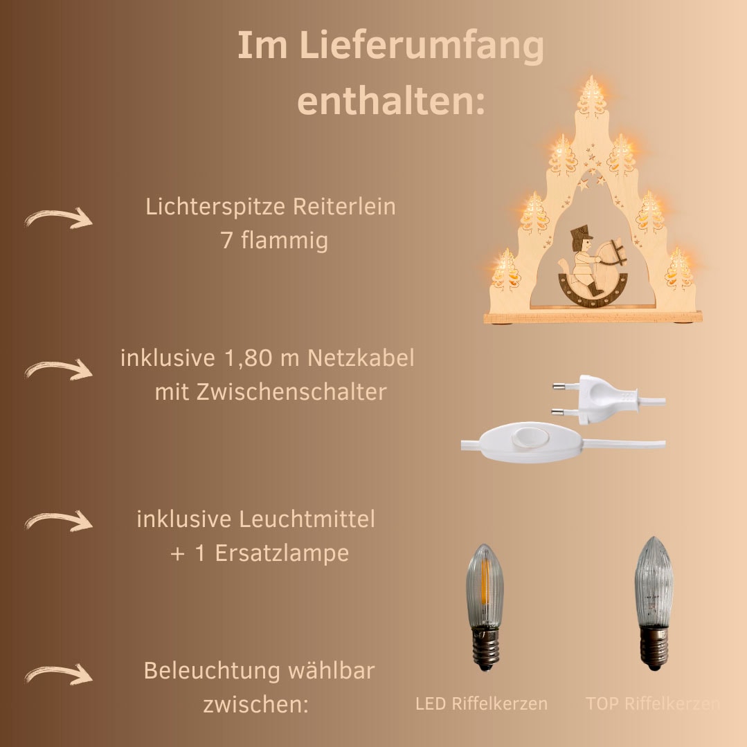 Weigla LED Schwibbogen »LED Reiterlein, Lichterspitze aus Holz, NATUR-BRAUN«, Erzgebirge garantiert, Weihnachtsdeko Innen, Weihnachtsbeleuchtung
