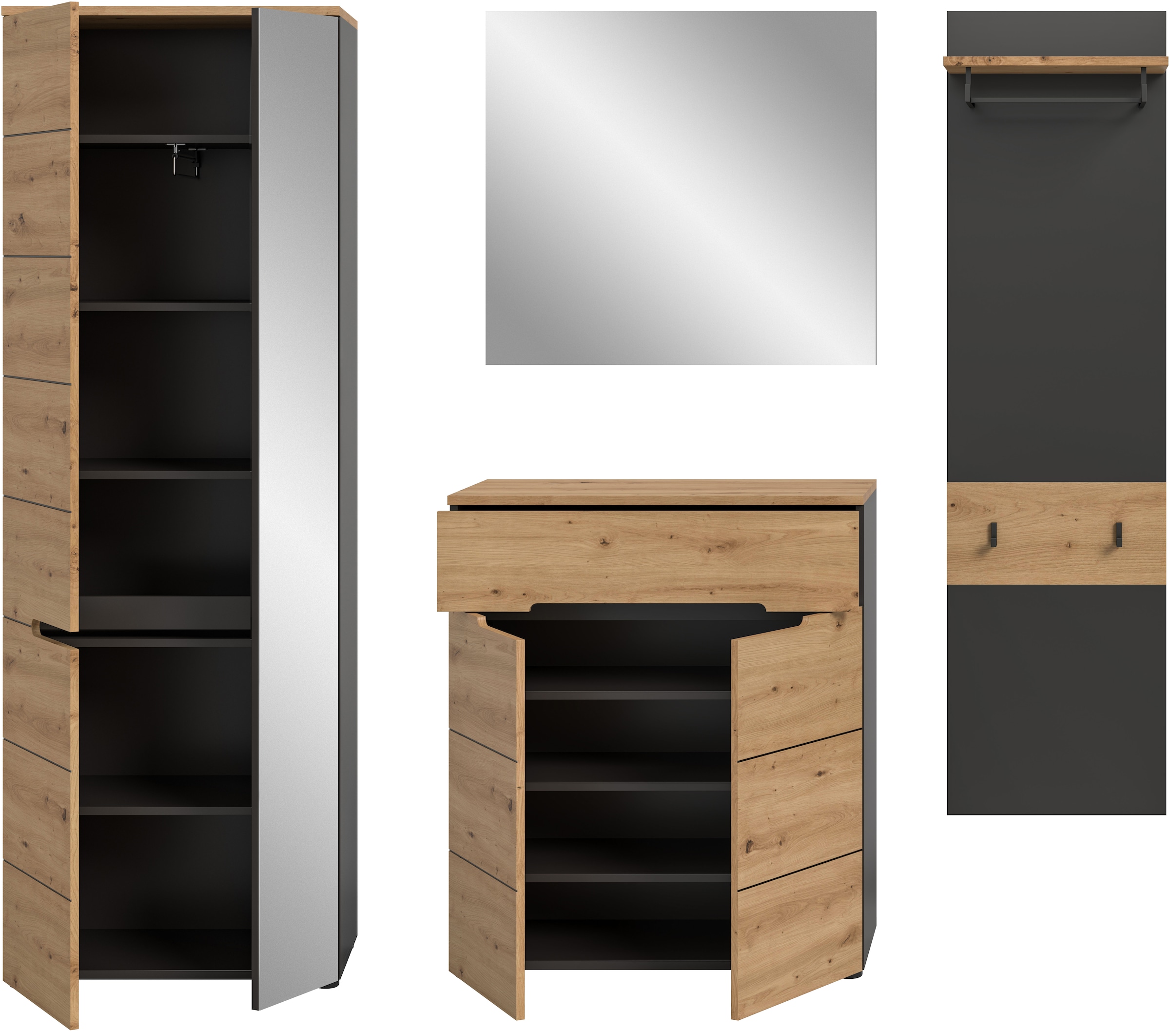 INOSIGN Garderoben-Set, (Set, 4 St., bestehend aus: Garderobenschrank, Kommode, Spiegel & Garderobenpaneel), Garderobenkombination, Kombination, Set, Flurgarderobe, Diele