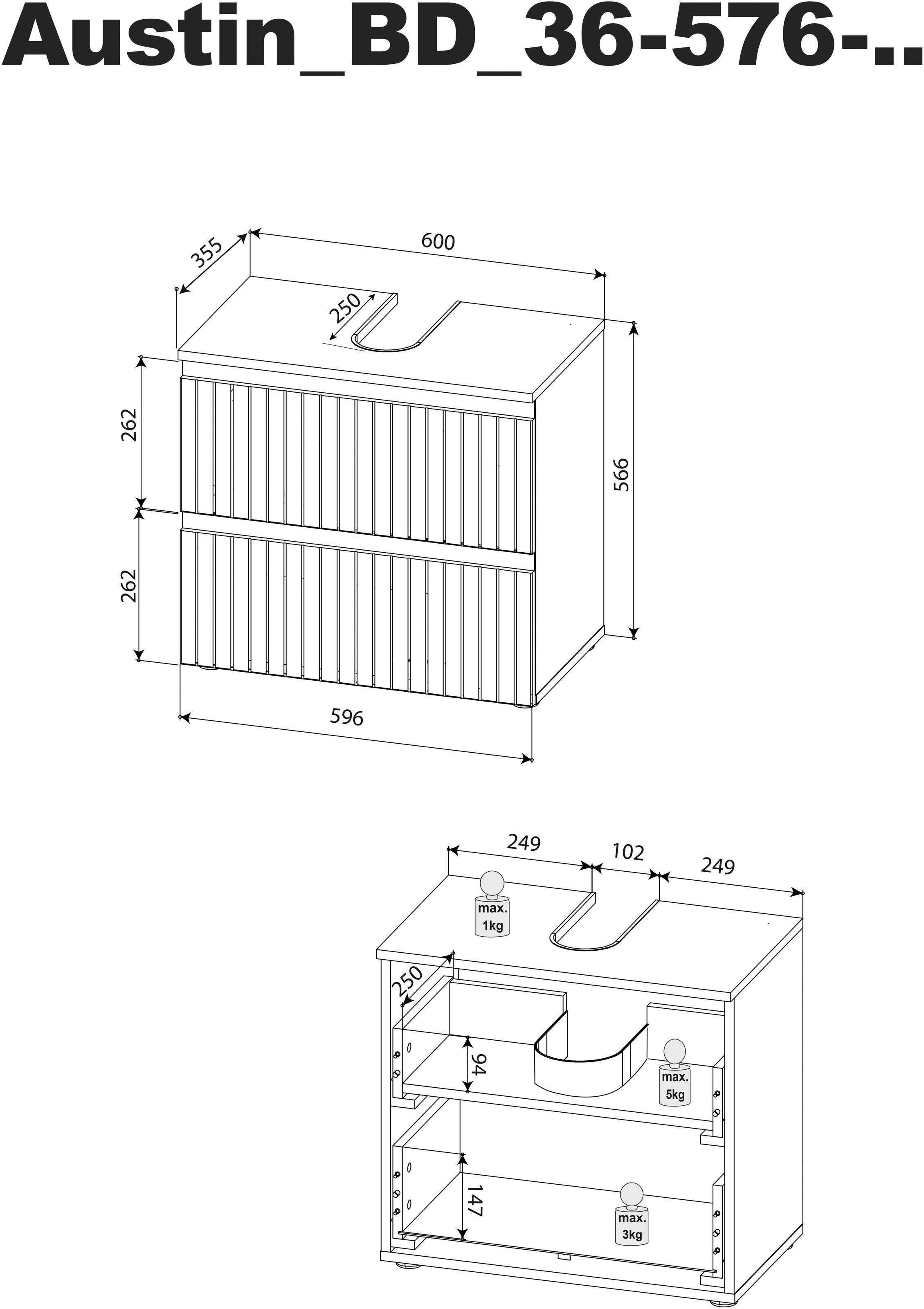 BASIC by Balculina Waschbeckenunterschrank »Austin«, (1 St.), Breite 60 cm, 2 Schubkästen mit Unterflurauszug