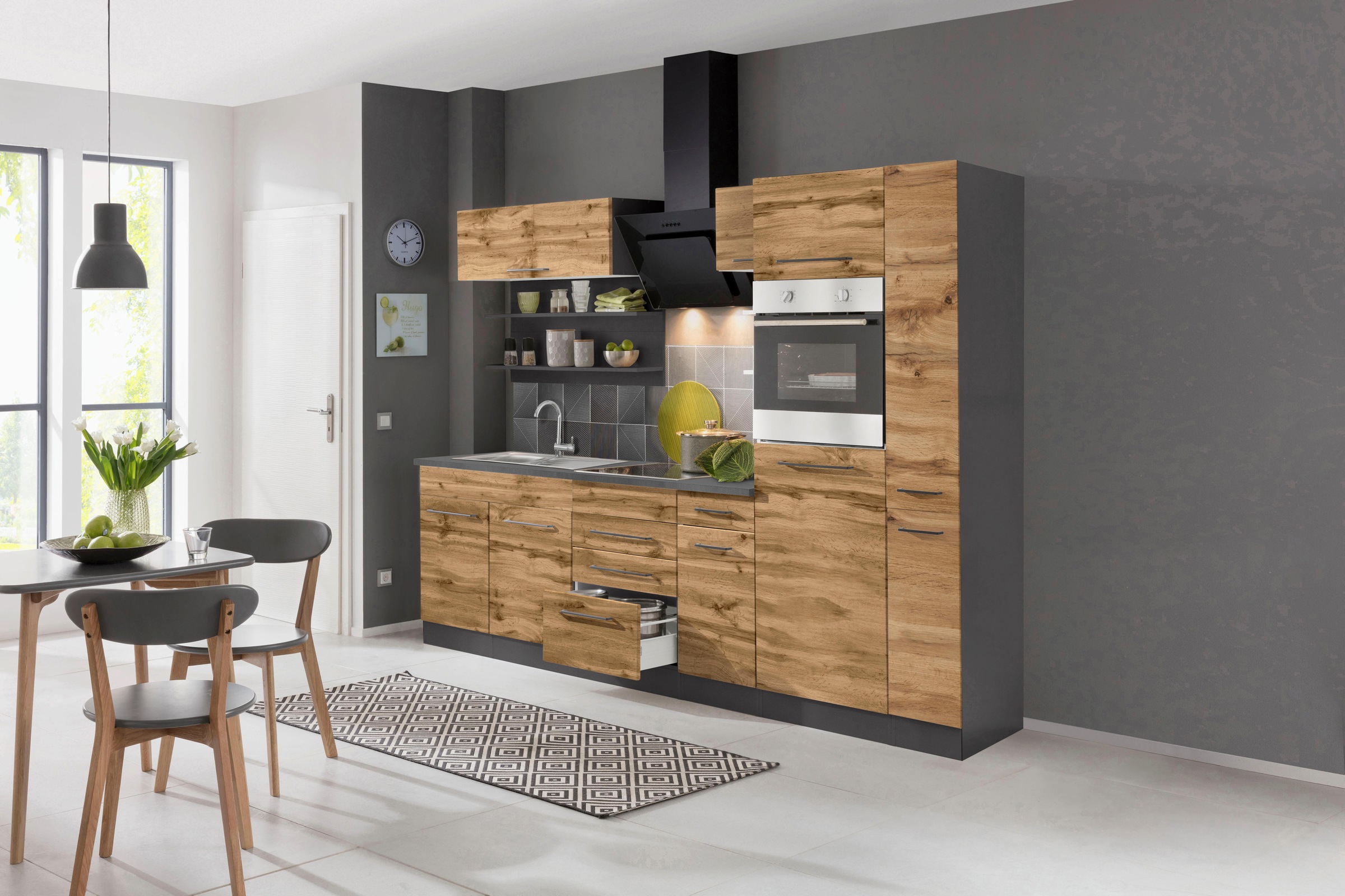 KOCHSTATION Küchenzeile »KS-Tulsa« ohne E-Geräte, Breite 270 cm, schwarze Metallgriffe, MDF Fronten