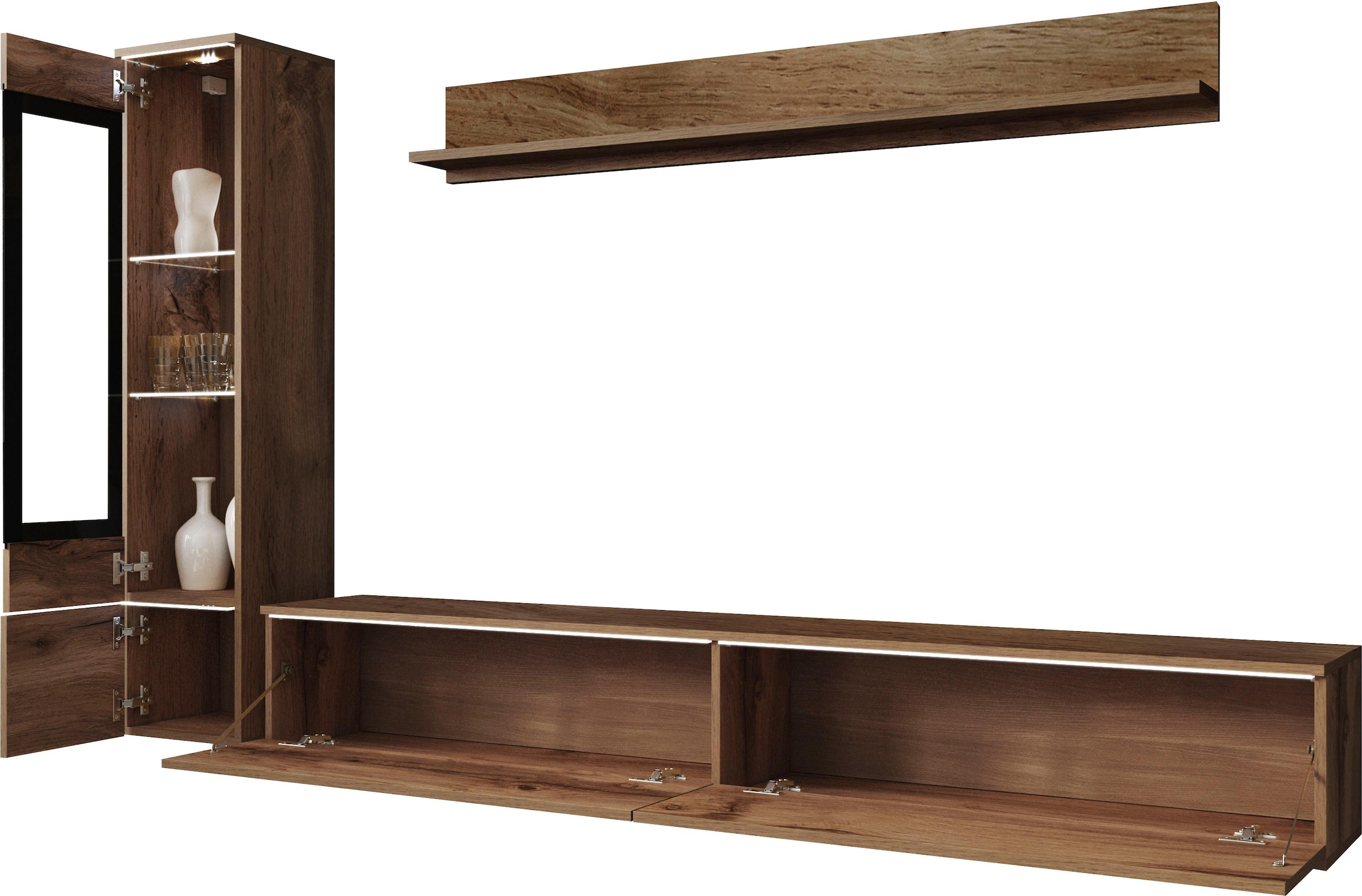 INOSIGN Wohnwand »VERA I, Vitrinen Türanschlag links/rechts wechselbar«, (Komplett-Set, 3 St.), Mediawand 230 cm, Vitrine mit Verglasung, stehend und hängend
