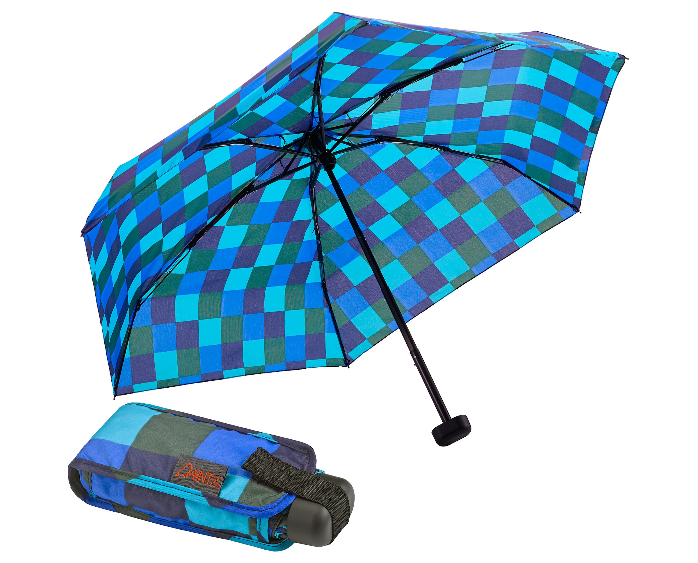 EuroSCHIRM® Taschenregenschirm »Dainty, Karo blau grün«, kariert, besonders leicht, super flach und extra klein