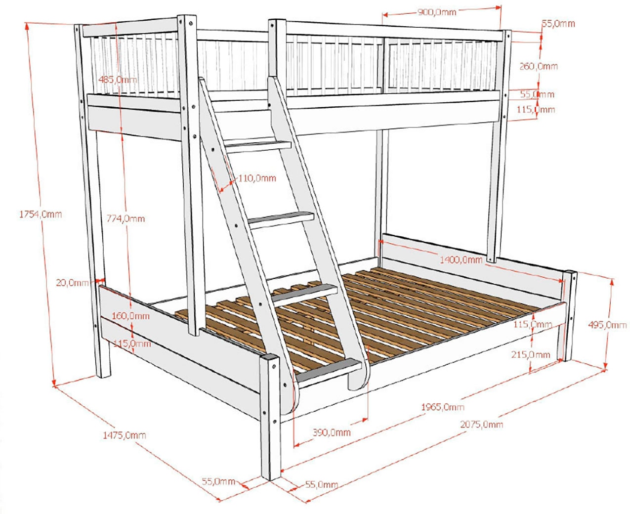 Vipack Etagenbett »Forrest Massivholzbett Made in Europe, stabil und hochwertig gebaut« Liegefläche 90/140x200cm, mit Leiter, Rolllattenrost u. Bettschublade, 