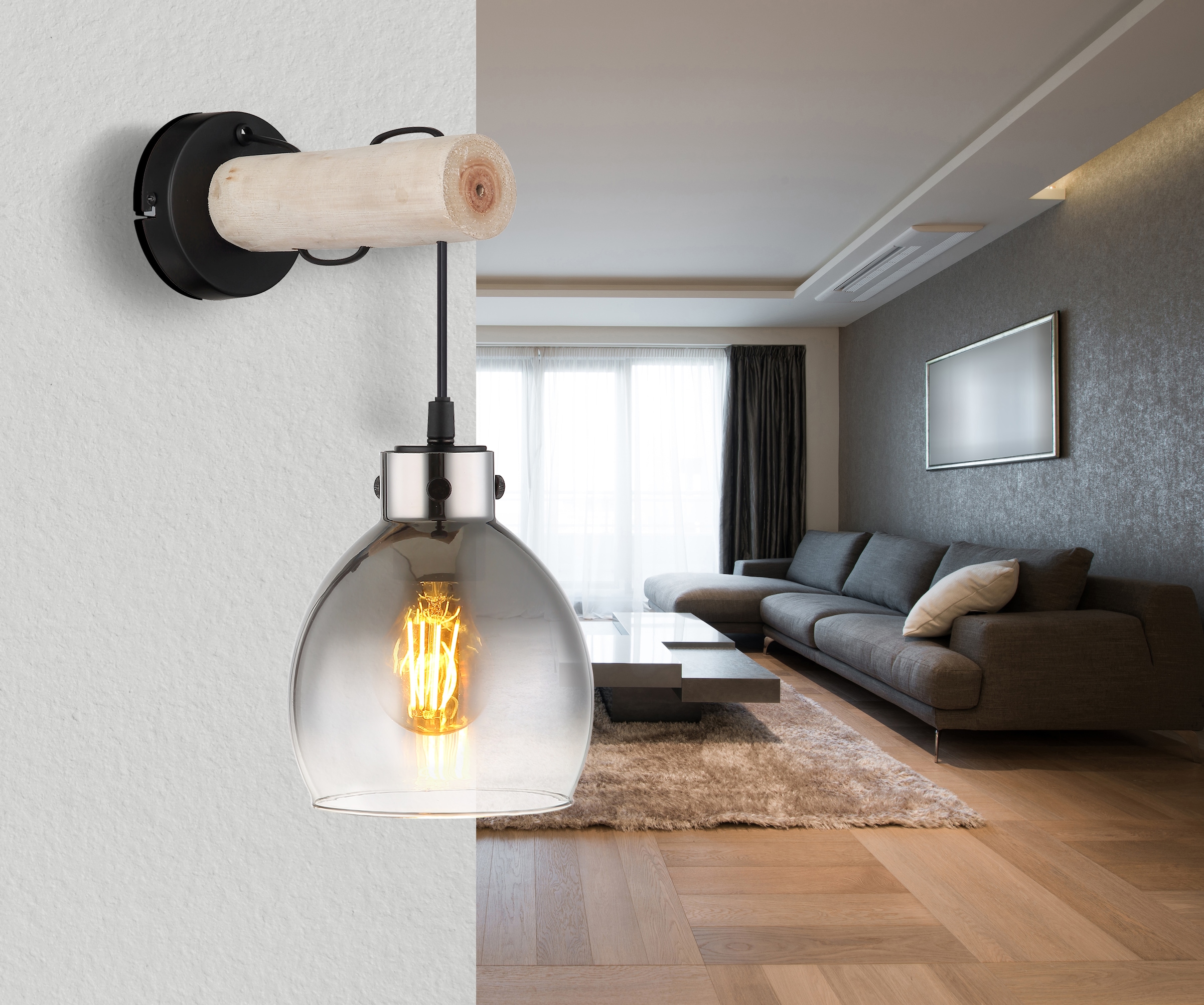 GLOBO LIGHTING Wandleuchte »RYAN«, Leuchtmittel E27 | ohne Leuchtmittel, Wandlampe/Spot/Wohnzimmer/Flur/Glas rauchfarben/Metall/Holz