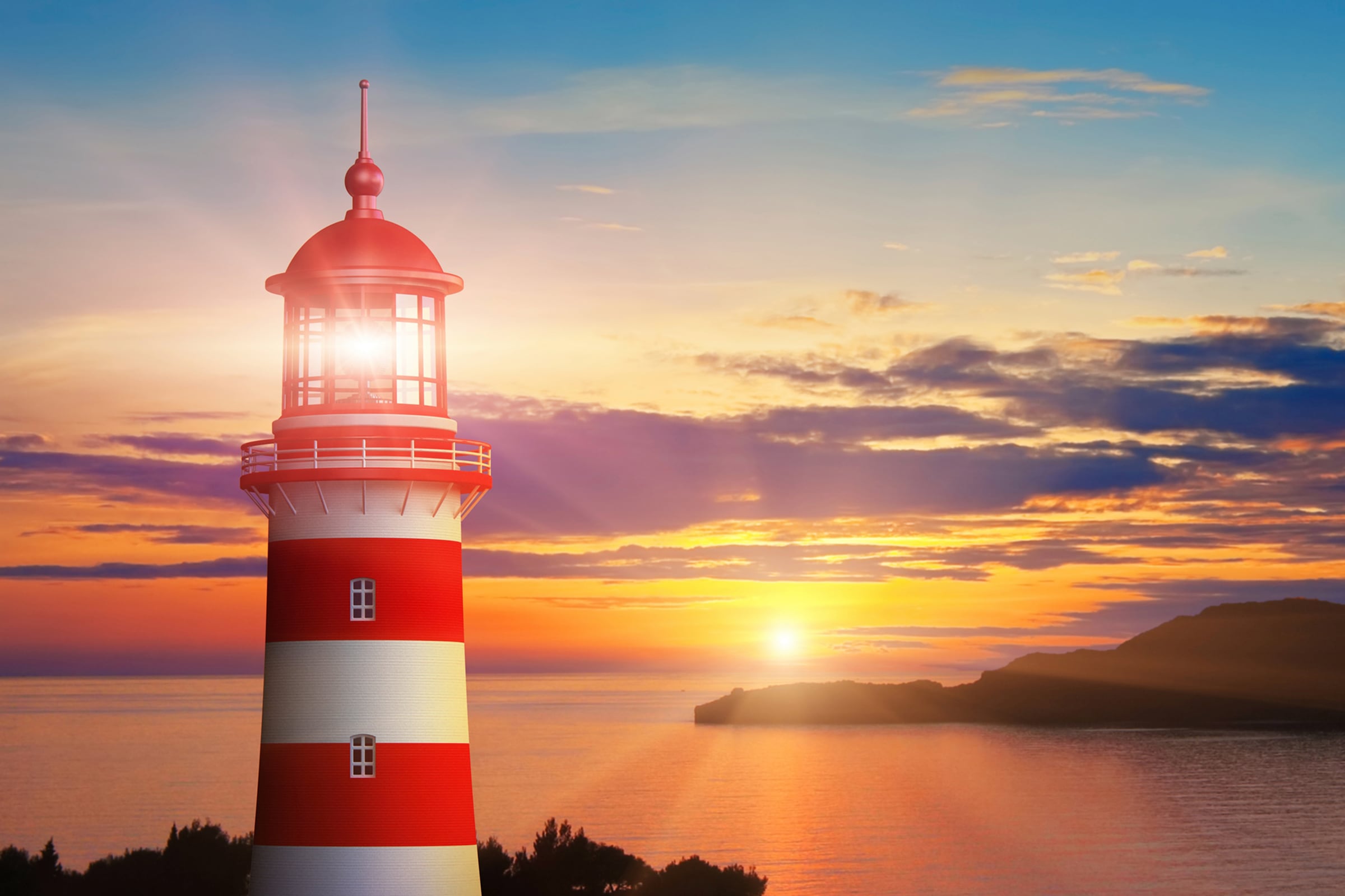 Papermoon Fototapete »LEUCHTTURM-SONNENUNTERGANG WIESE MEER OZEAN KÜSTE BER günstig online kaufen