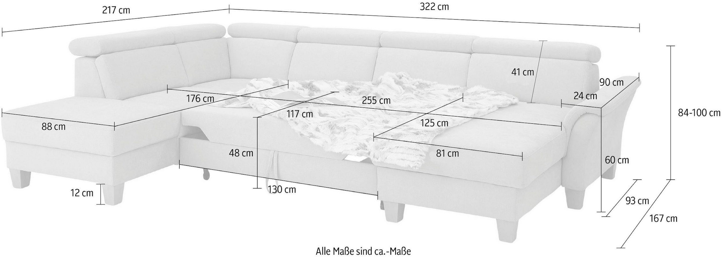 Home affaire Wohnlandschaft »Conville U-Form«, Kopfteilverstellung wahlweise mit Bettfunktion und Bettkasten