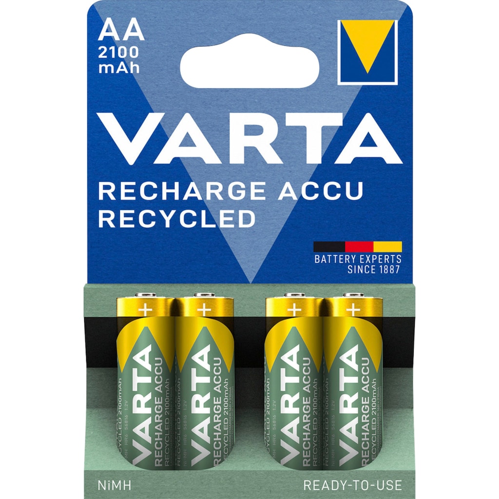 VARTA wiederaufladbare Batterien »wiederaufladbare Akkus«, 1,2 V, (Packung, 4 St.), VARTA Recharge Accu Recycled, Ready-To-Use vorgeladener AA Micro Ni-MH Akku (4er Pack, 2100mAh) - aus 11% recyceltem Material - wiederaufladbar ohne Memory Effekt