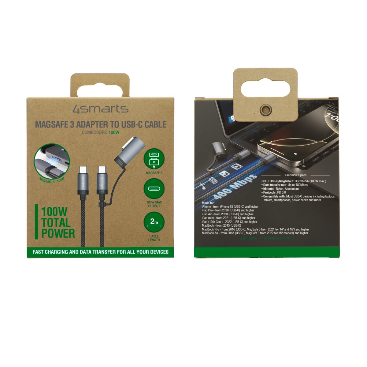 4smarts USB-Kabel »MagSafe 3 Adapter und USB-C Kabel ComboCord 100W 2m« USB-C