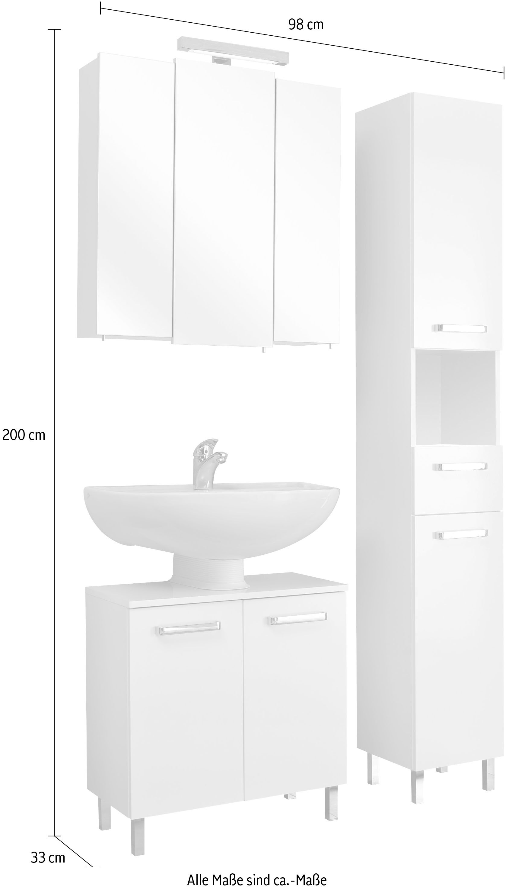 Saphir Badmöbel-Set »Quickset 3-teilig, Waschbeckenunterschrank mit LED-Spiegelschrank«, (3 St.), Waschplatz mit Hochschrank, 7 Türen, 1 Schublade, inkl. Türdämpfer