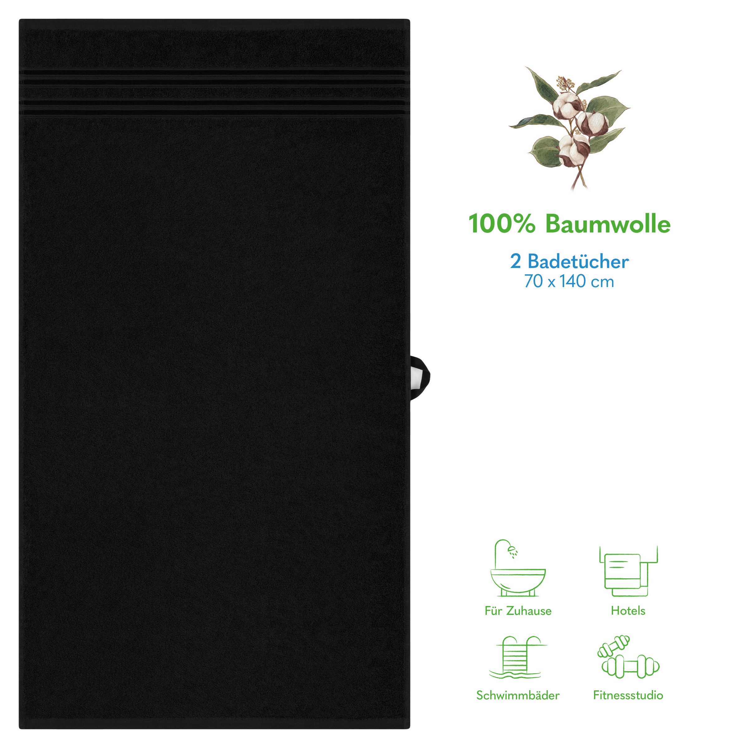HAMMETEX Duschtuch »2er Set Badetücher 70x140 cm, 100% Baumwolle, Weich & Saugstark«, (Set, 2 St., 2), mit Bordüre, einfarbig, weich