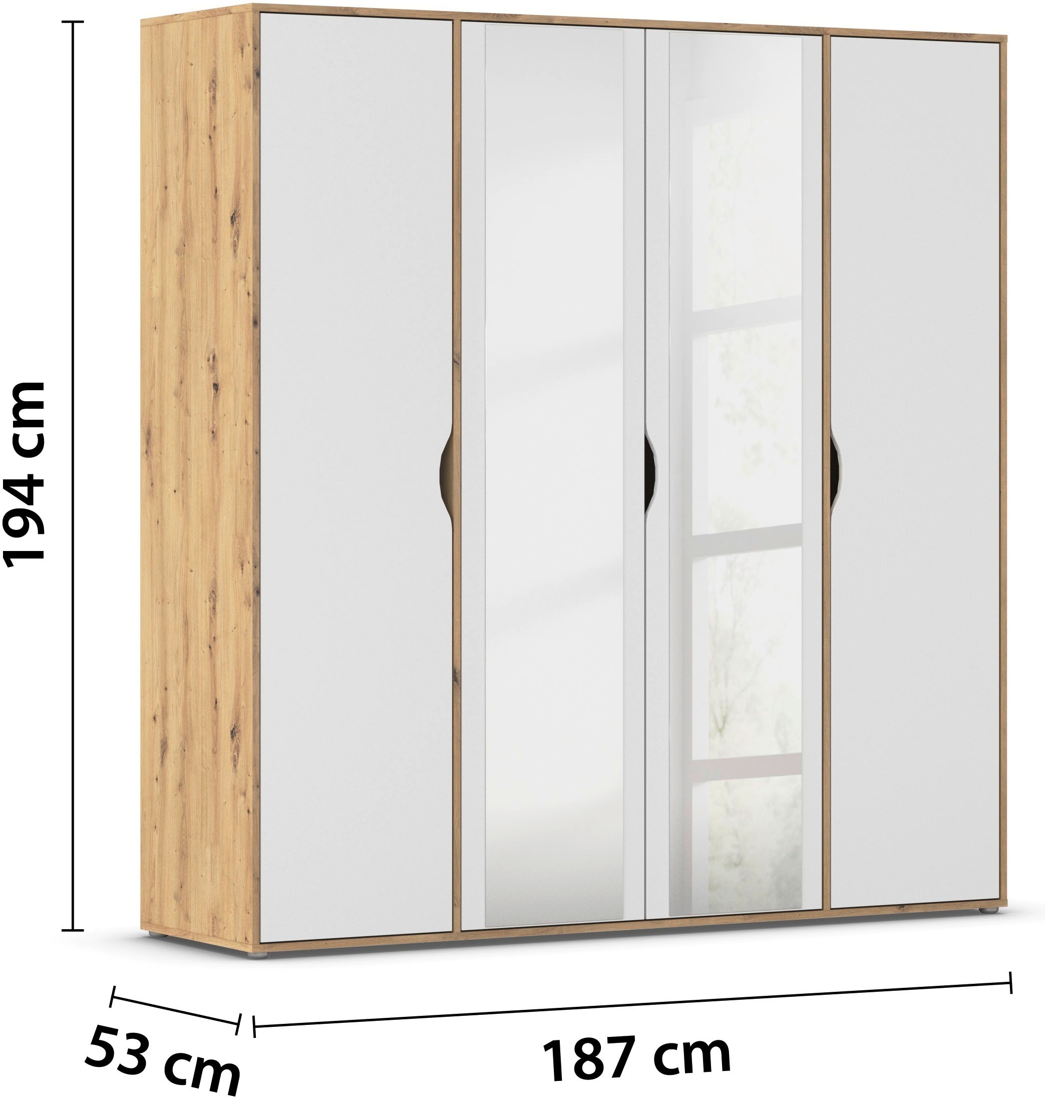 rauch Drehtürenschrank »Kleiderschrank Schrank Garderobe Wäscheschrank NARAI mit Spiegel«, (in 3 verschiedenen Ausstattungen BASIC/CLASSIC/PREMIUM), Griffausfräsungen für eine grifflose Optik TOPSELLER MADE IN GERMANY
