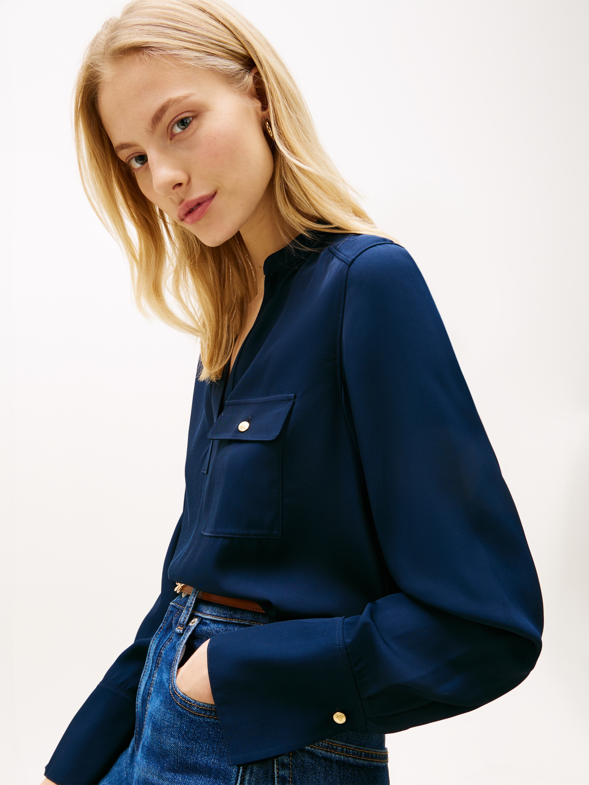 Tommy Hilfiger Langarmbluse »VIS TWILL V NECK BLOUSE LS« mit Knopfleiste