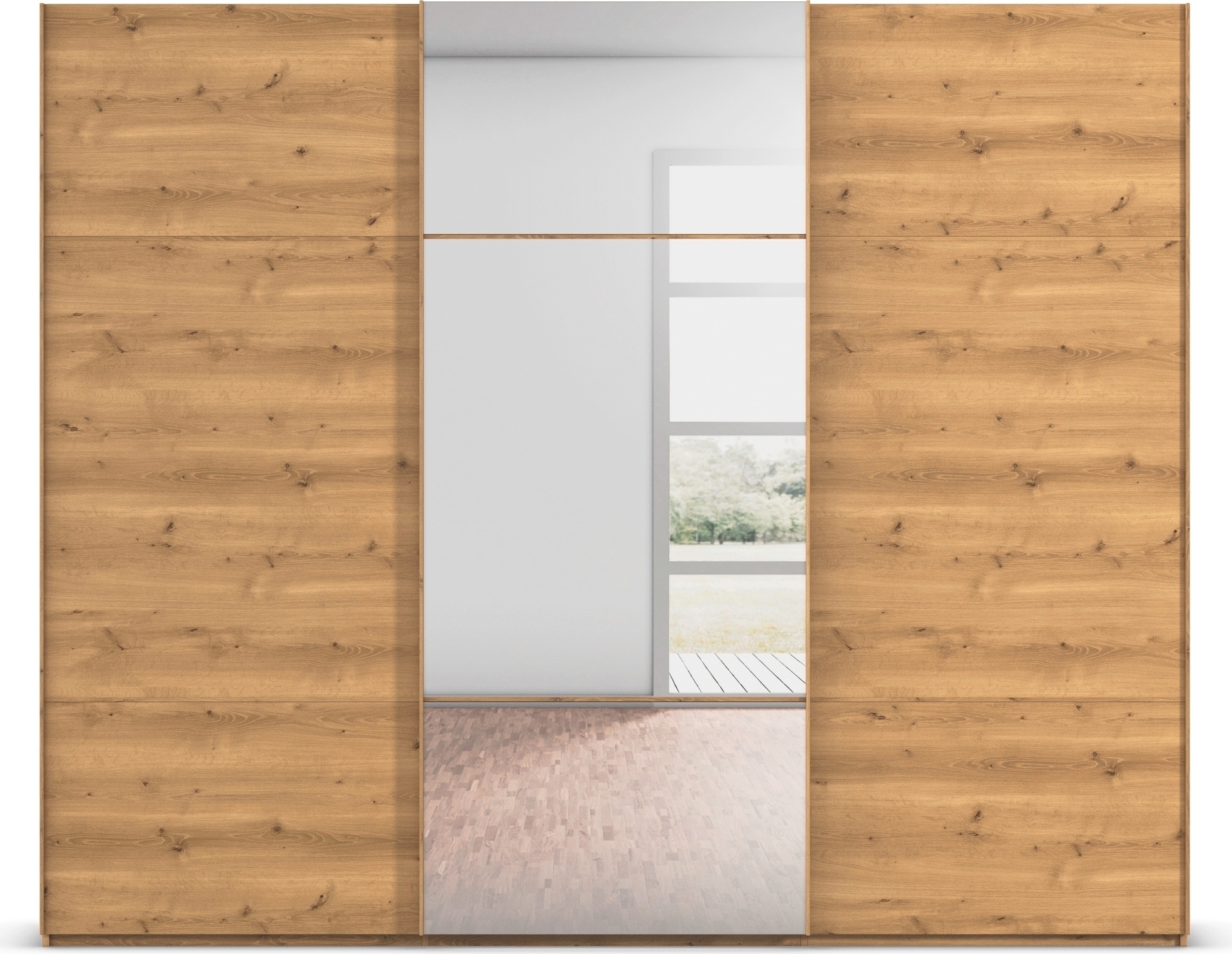 rauch Schwebetürenschrank »Kleiderschrank Schrank Garderobe Schlafzimmerschrank SCALE-TRIO«, edle dreigeteilte Front mit 2 Zierleisten und Spiegel MADE IN GERMANY