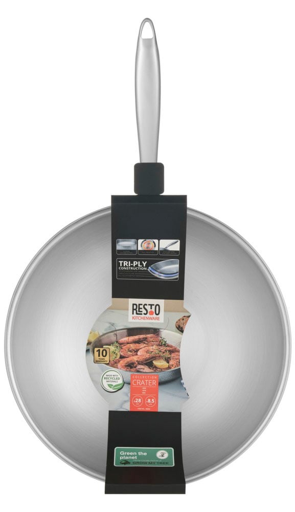 RESTO Kitchenware Wok »Crater tiefe Pfanne aus Tri-Ply (Edelstahl + Aluminium + Edelstahl)«, Edelstahl 18/10, (1 tlg.), Energieeinsparung 25% durch die dreilagige Basis, ofenfest
