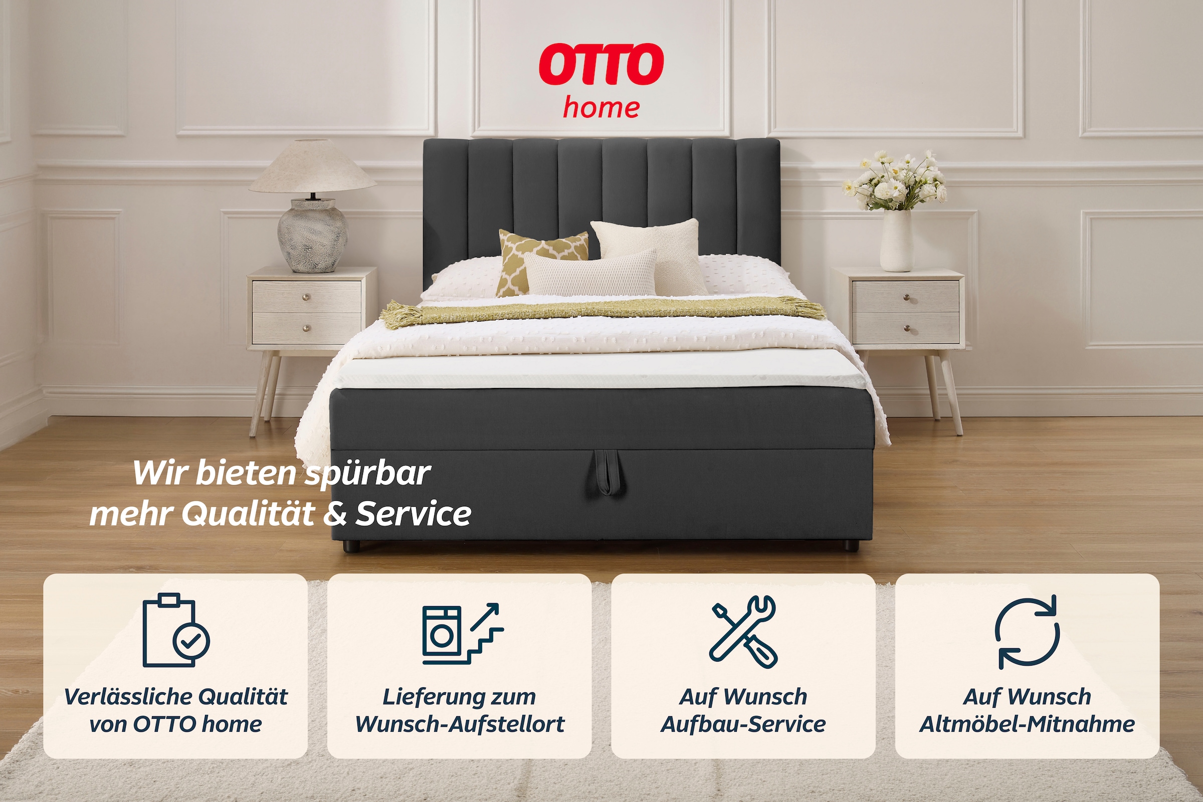 OTTO home Boxbett »HAILEYY, Polsterbett mit Bettkasten, inkl. Taschenfederkernmatratze H3« mit Kaltschaumtopper, Chenille-Bezug, 140x200 & 180x200 cm