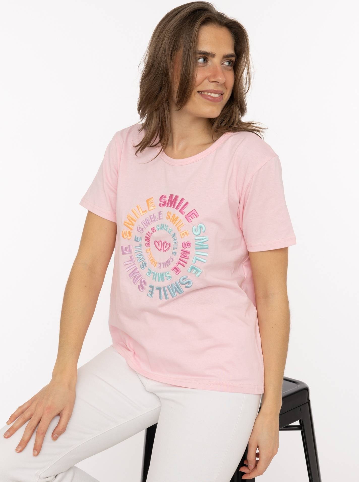 Zwillingsherz T-Shirt »"Smile"« Farbenfrohe runde Stickerei, Rundhals, kurzarm