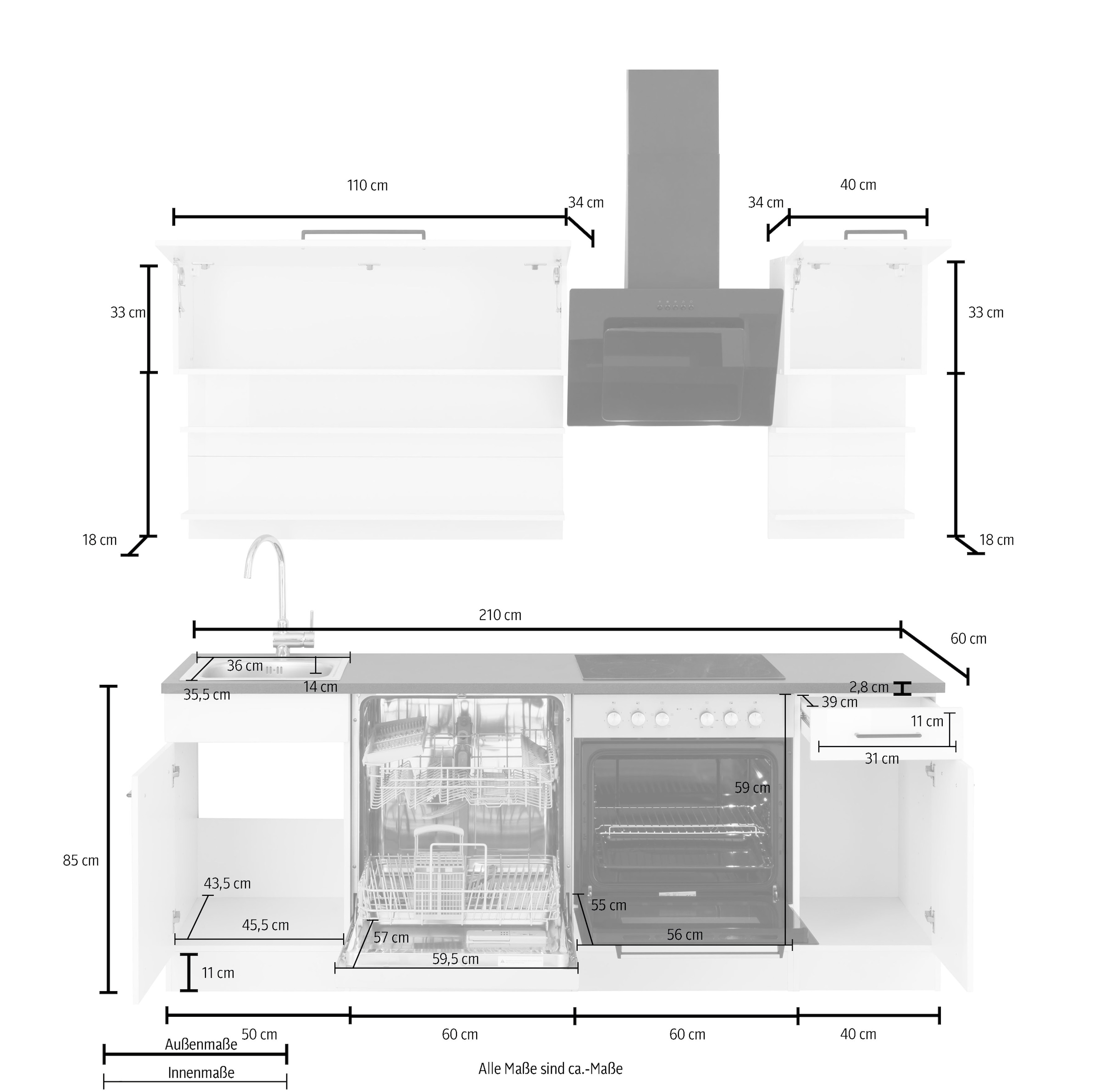 KOCHSTATION Küchenzeile »KS-Tulsa«, mit E-Geräten, Breite 210 cm, schwarze Metallgriffe, MDF Fronten