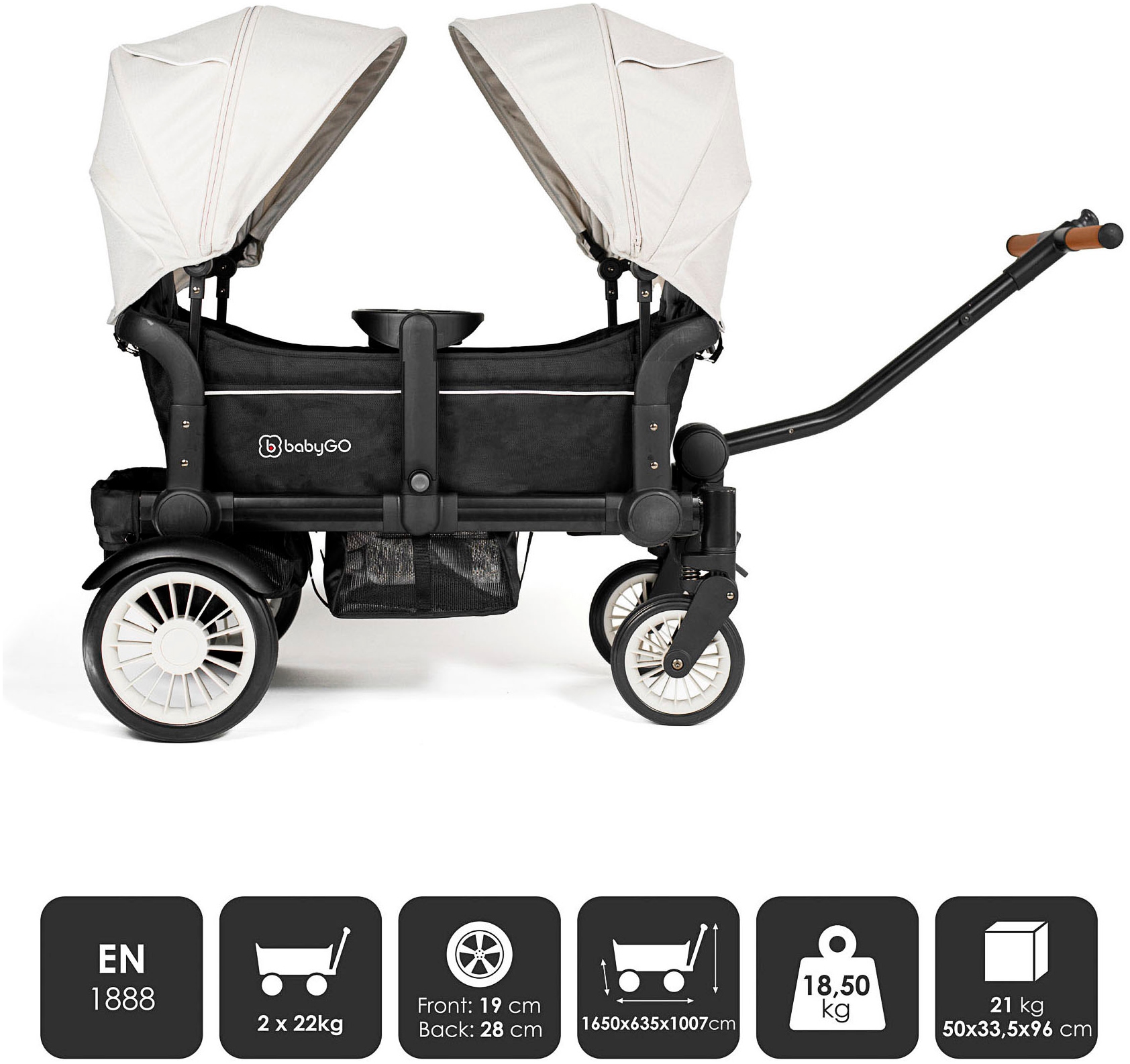 BabyGo Bollerwagen »Cozy Rider«, (Set, 7 tlg., inkl. 2x Sonnenschutz, Tisch, Moskito- u. Regenschutz, Flaschenhalter), klein zusammenfaltbar