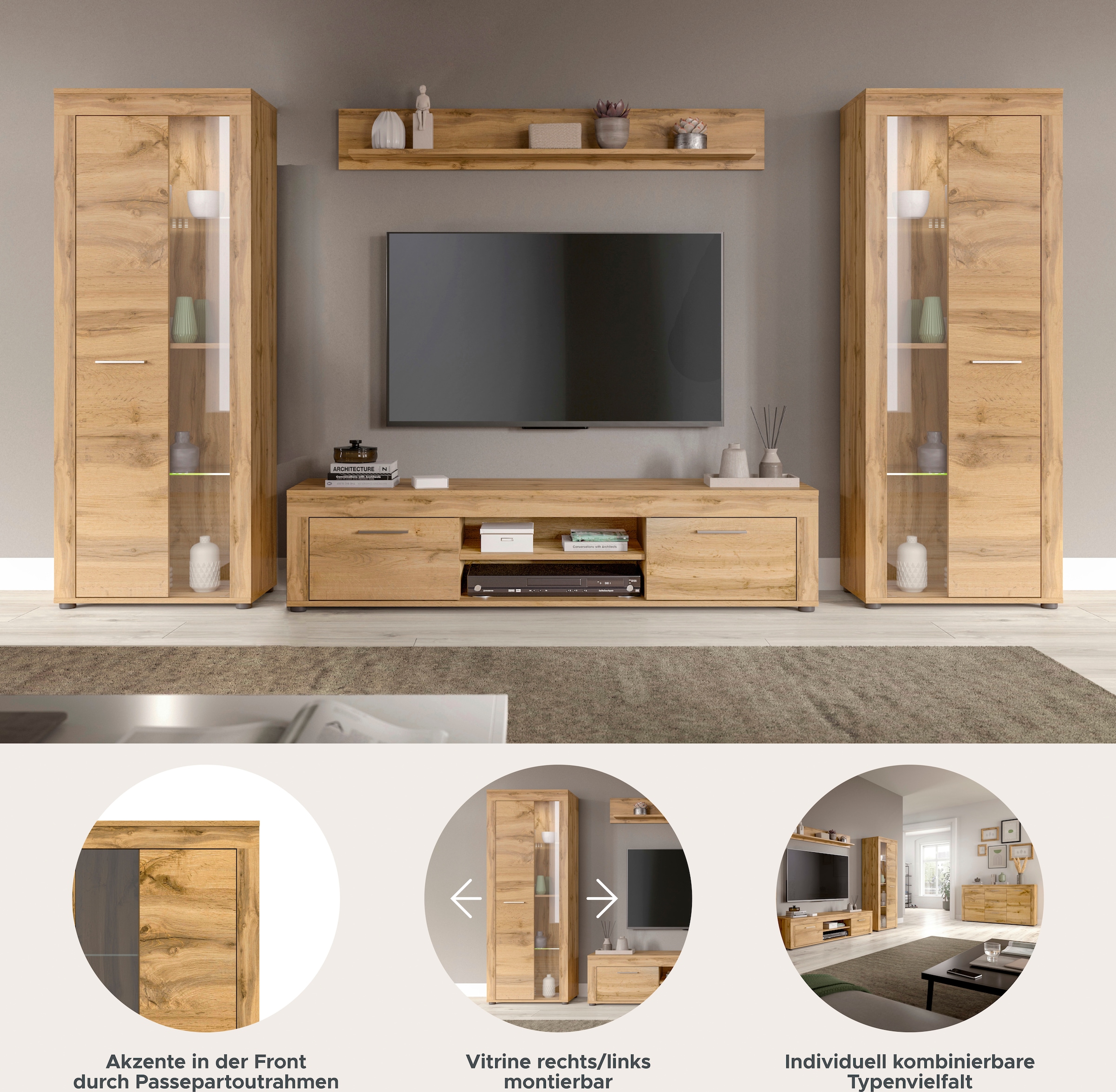 INOSIGN Wohnwand »Aosta, Breite 310cm, best. aus: 2x Vitrine, Lowboard, Wandboard«, Wohnwand, Kombination, Anbauwand, Möbel Set, Schrankwand, Möbel Kombi