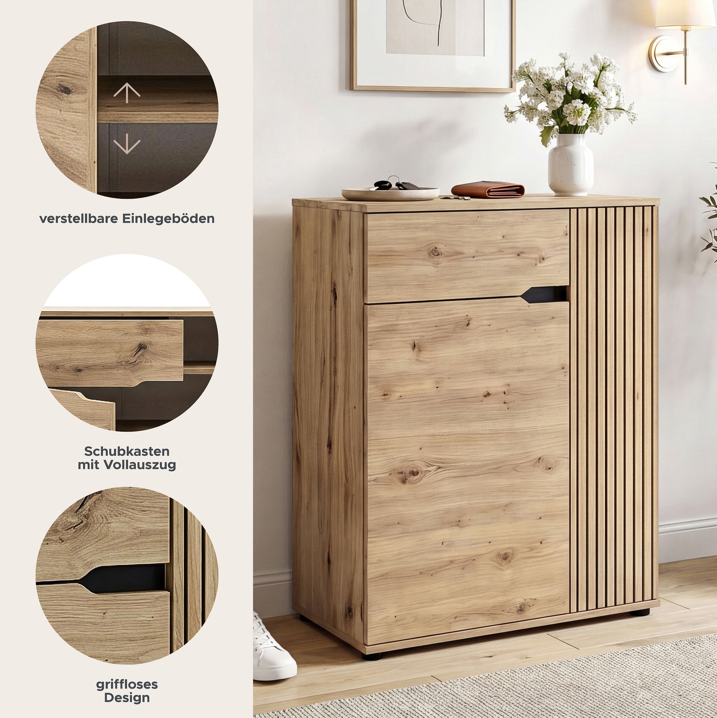 OTTO home Schuhkommode »FJELL, Breite 80cm, 2 Türen, 1 Schubkasten, 3 Einlegeböden, 5 Fächer« Garderobenschrank, Schuhschrank, Kommode, Sideboard, Anrichte